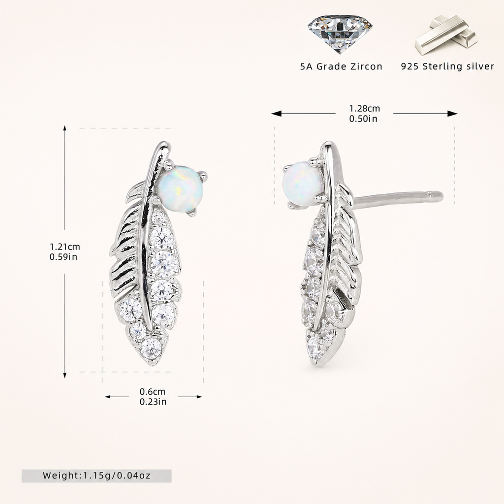 Sterling Silver Opal Feather Stud Earrings - Platinum / White Opal