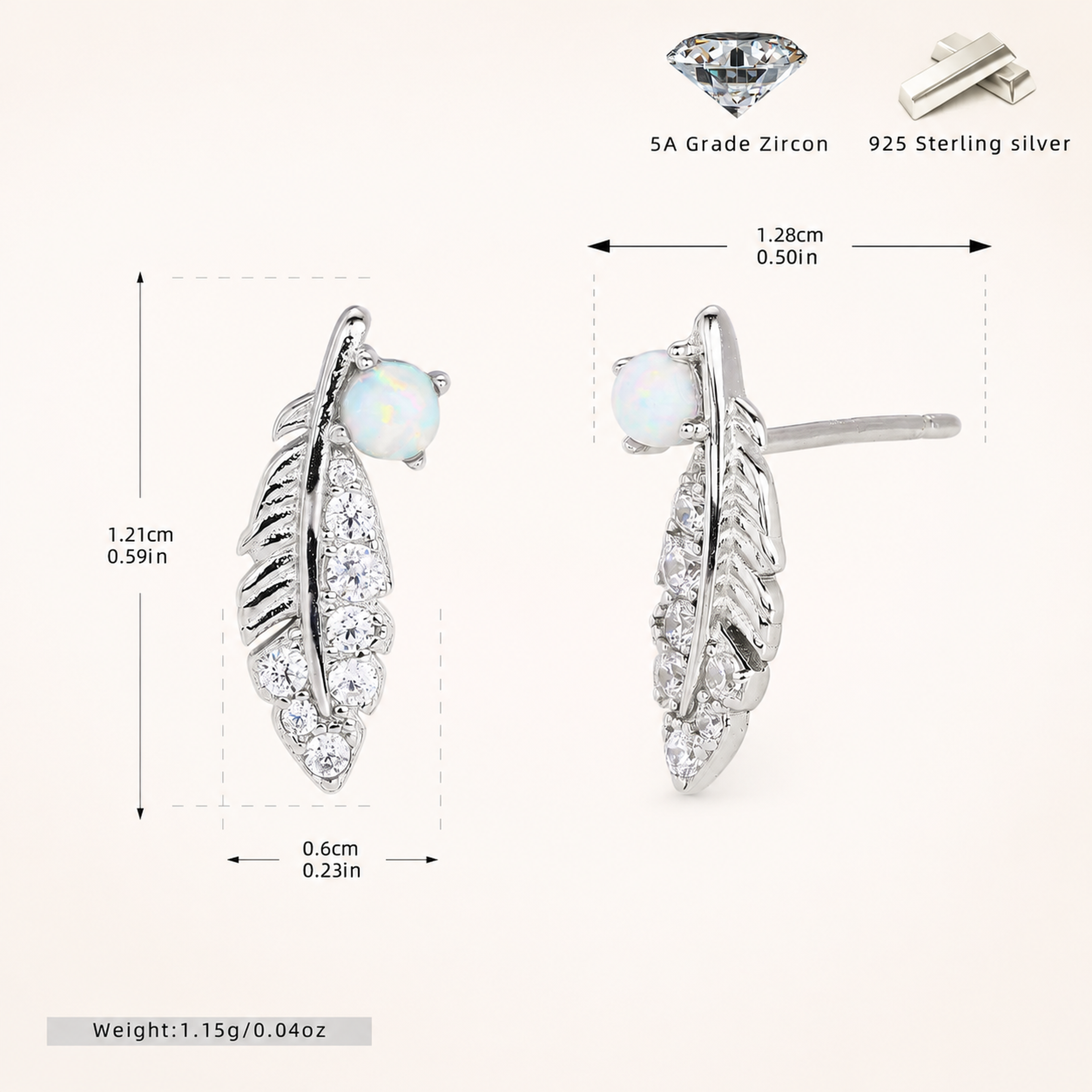 Sterling Silver Opal Feather Stud Earrings - Platinum / White Opal