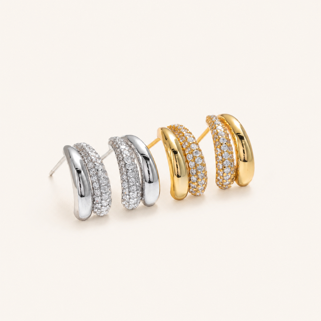 Sterling Silver Crescent Moon Zirconia Stud Earrings detail