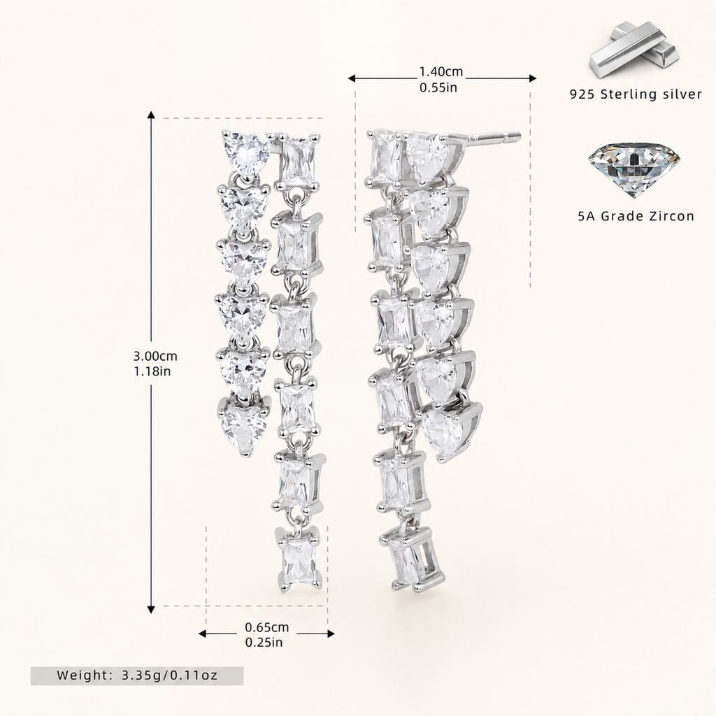 Sterling Silver Zirconia Tassel Drop Stud Earrings - Platinum