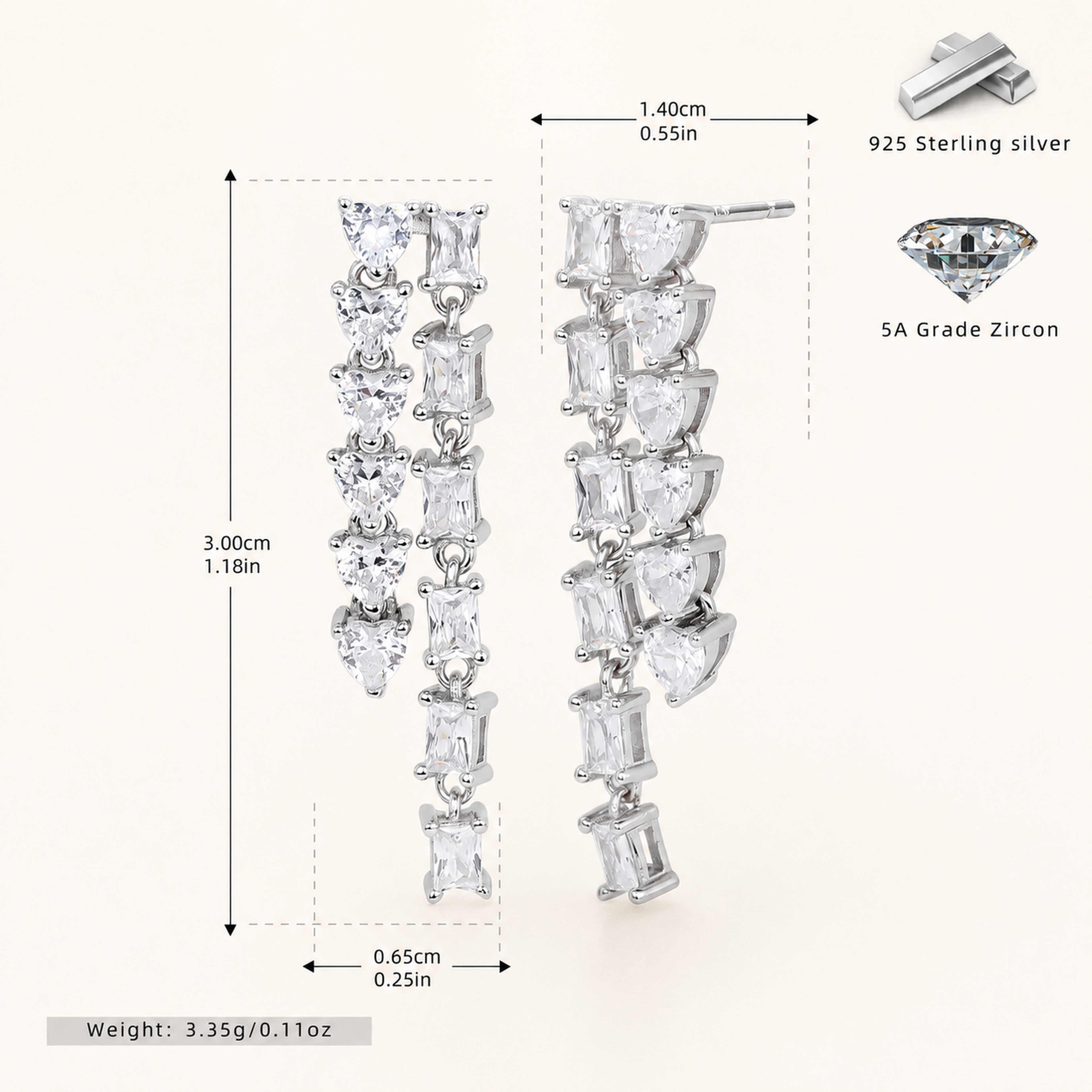 Sterling Silver Zirconia Tassel Drop Stud Earrings - Platinum