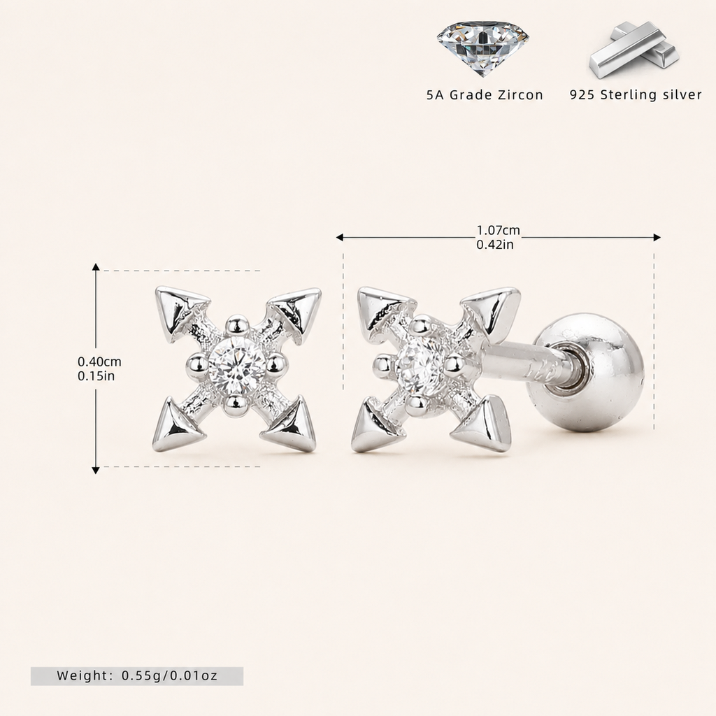 Sterling Silver Zirconia Cross Flat Back Earrings - Platinum