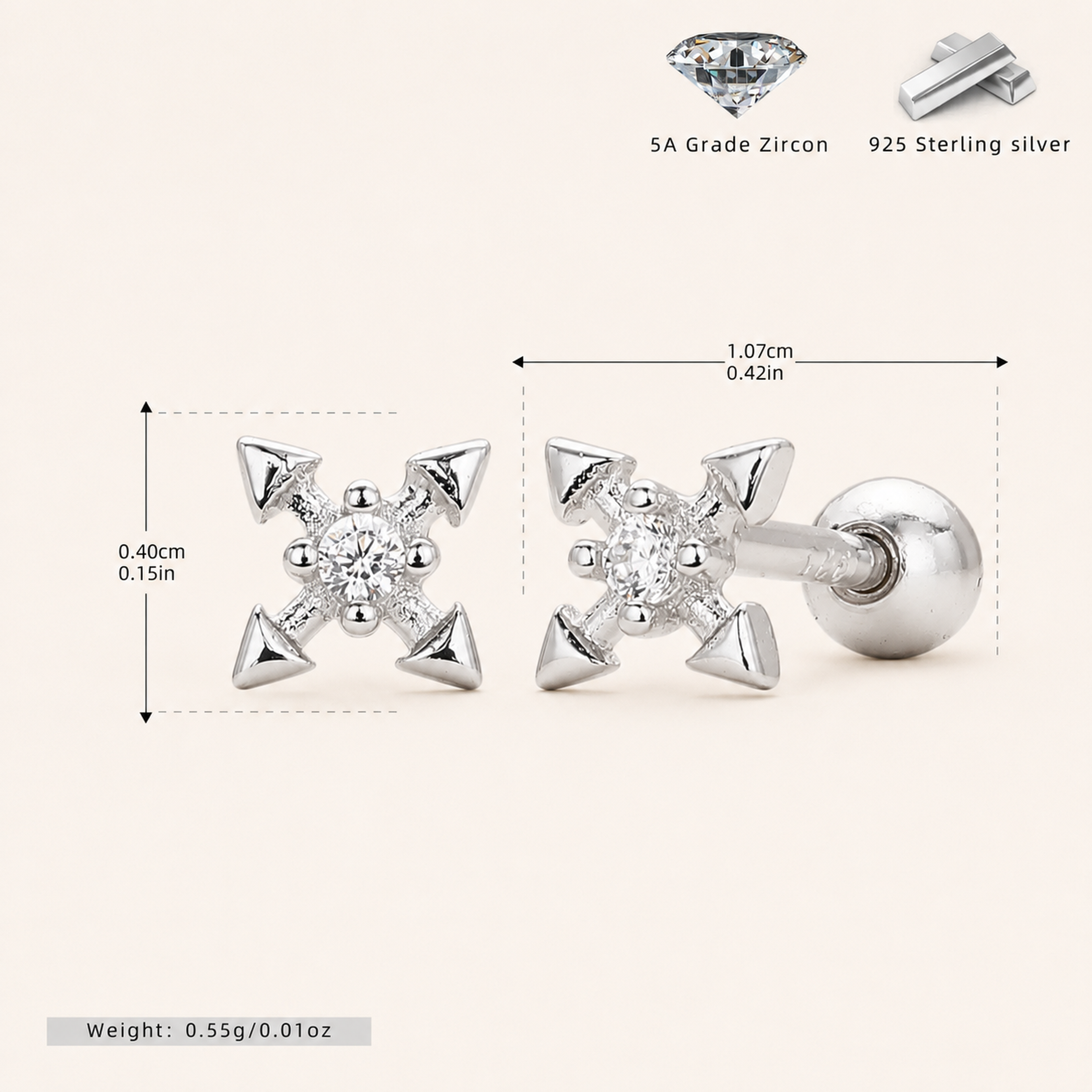 Sterling Silver Zirconia Cross Flat Back Earrings - Platinum