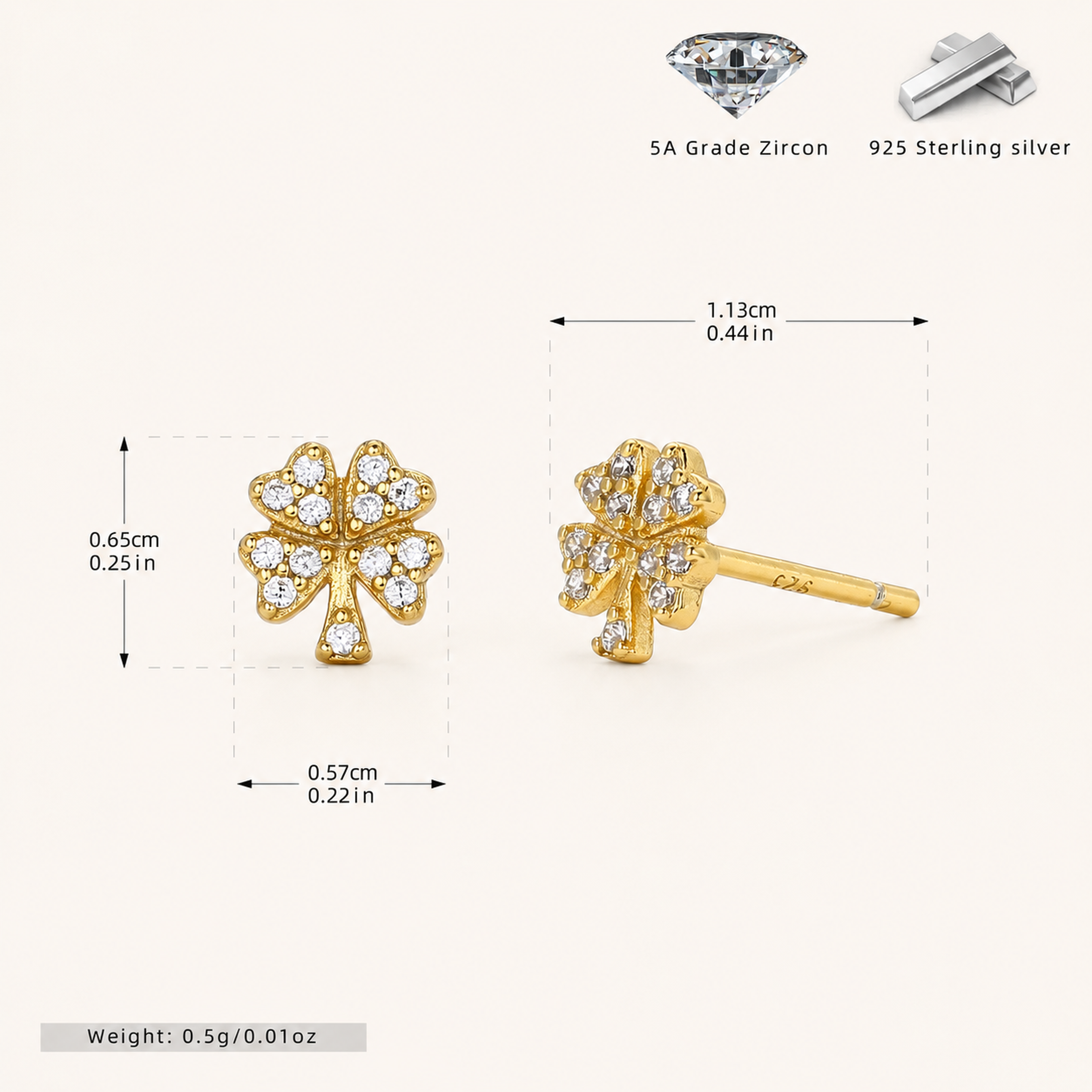 Sterling Silver Four-Leaf Clover Stud Earrings - Gold