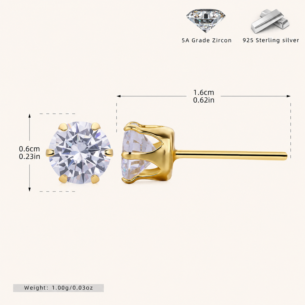 Sterling Silver Six-Prong Zirconia Stud Earrings - Gold / 6mm