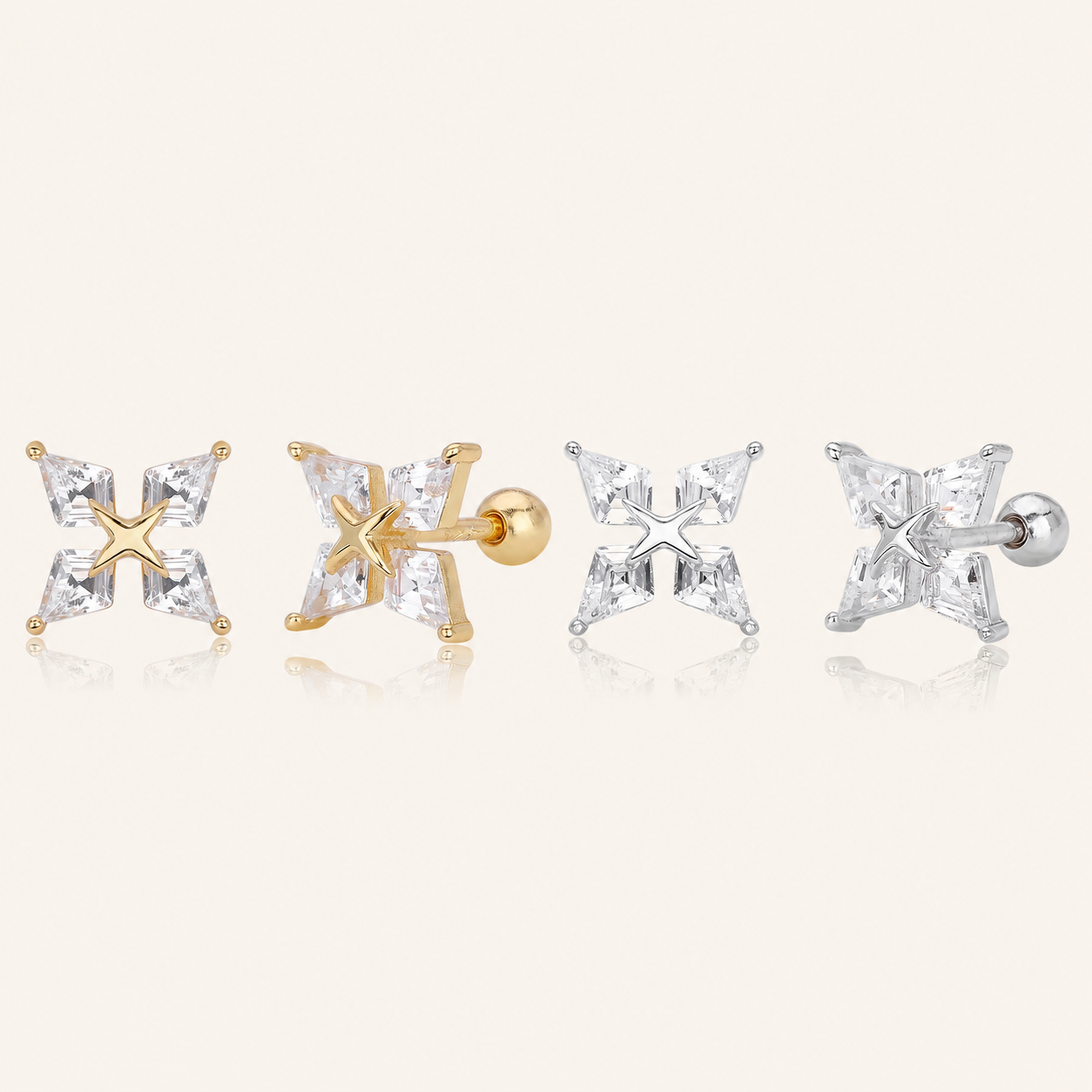 Sterling Silver Four-Point Star Zirconia Flat Back Earrings
