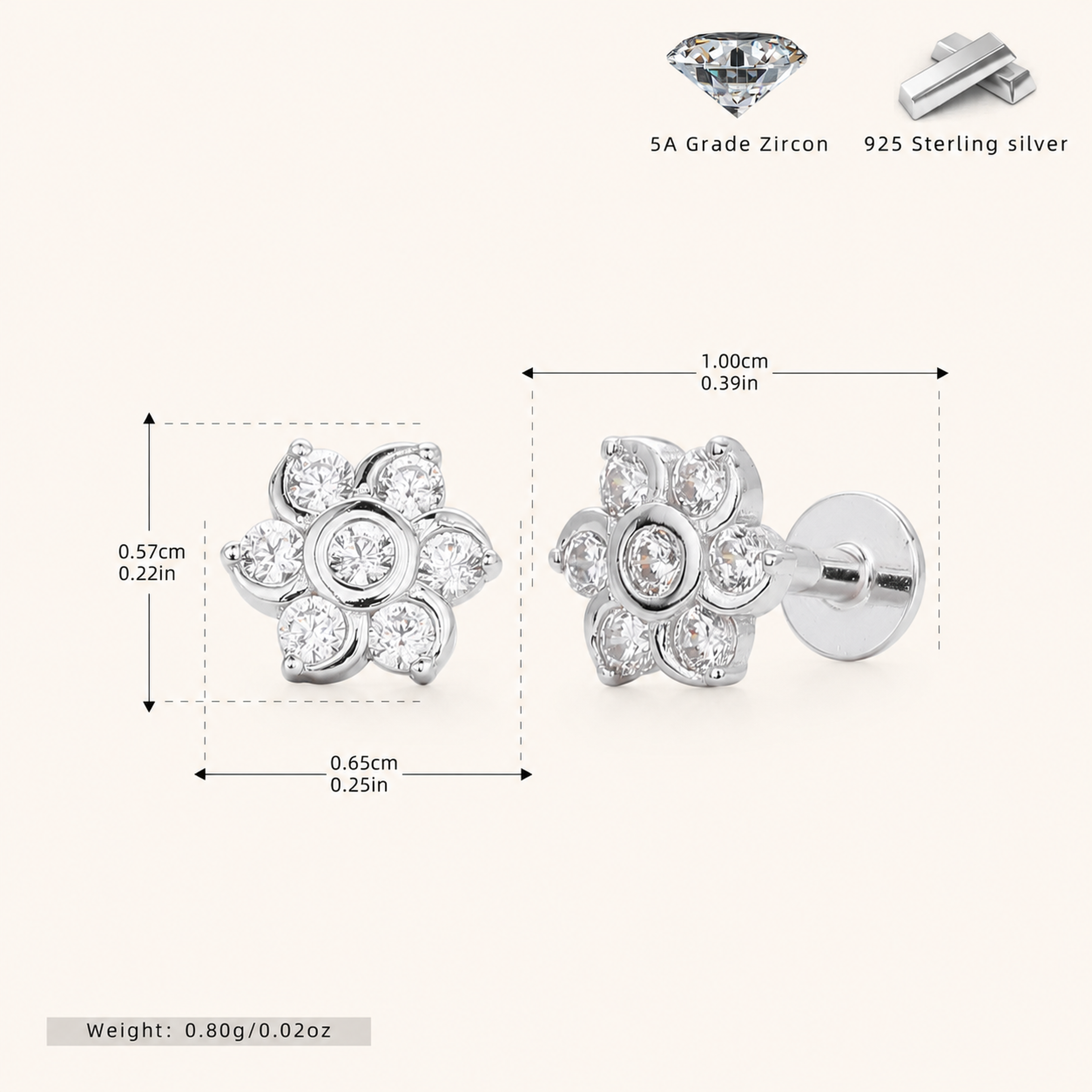 Sterling Silver Zirconia Spiral Cartilage Flat Back Earrings - Platinum