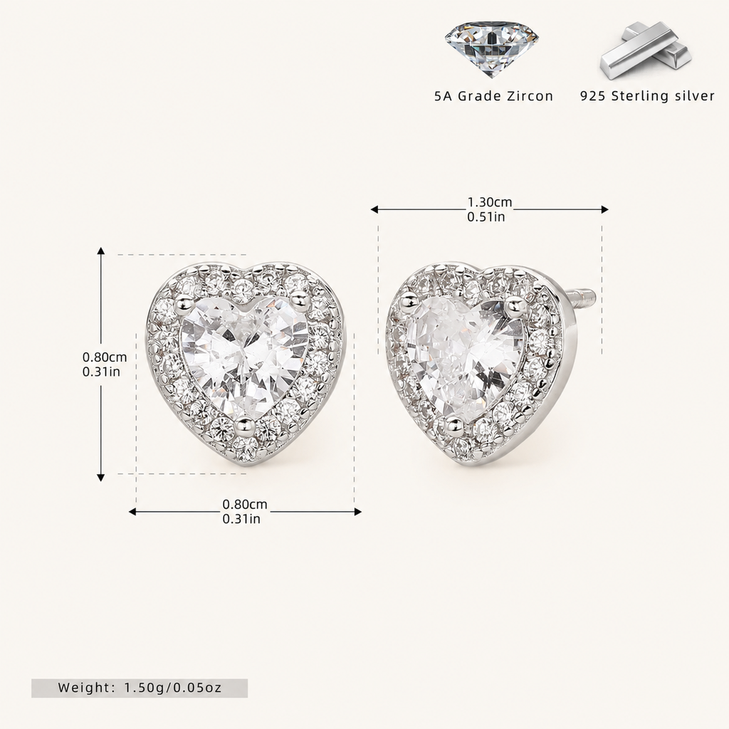 Sterling Silver Pave Heart Zirconia Stud Earrings - Platinum