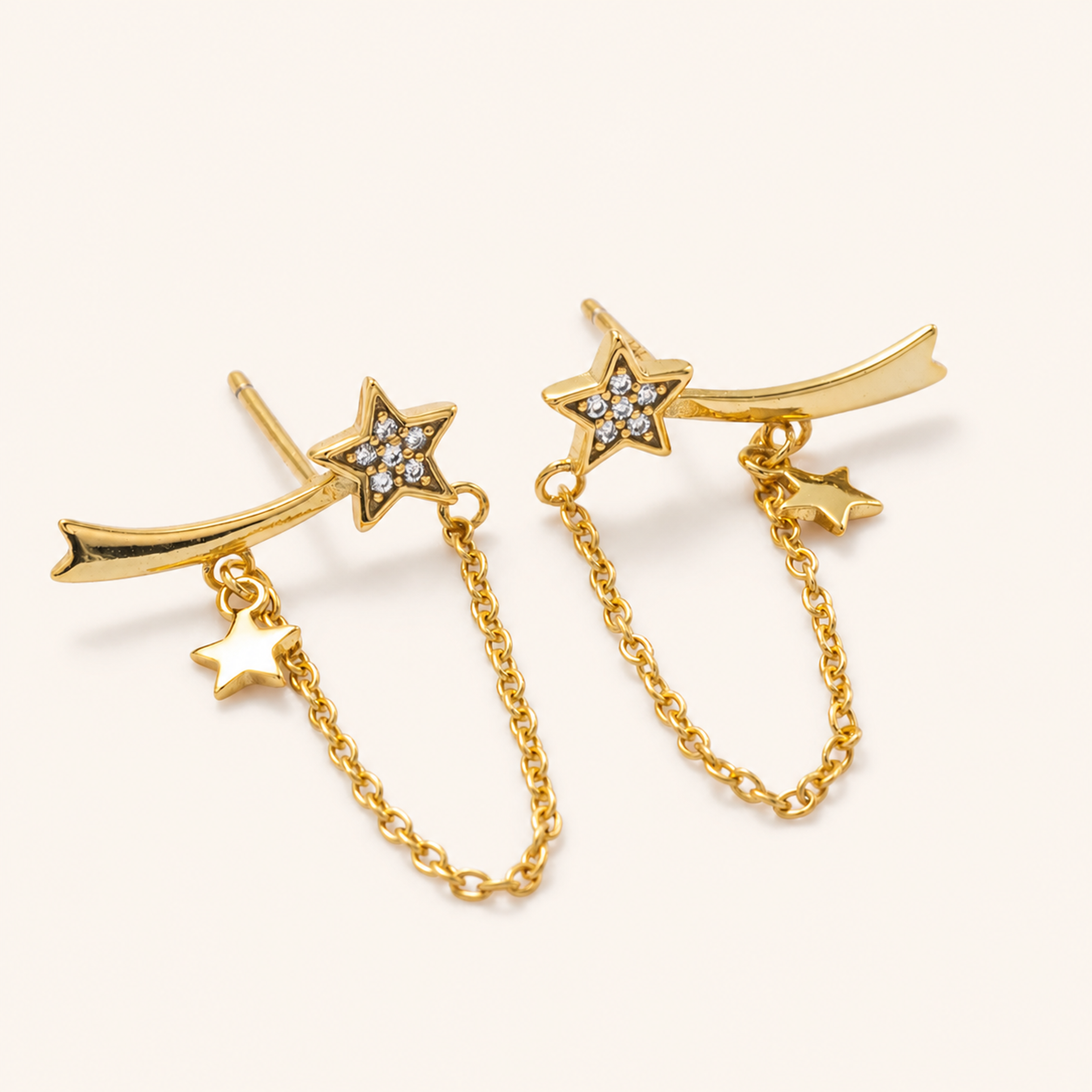 Sterling Silver Star Zirconia Chain Drop Stud Earrings detail