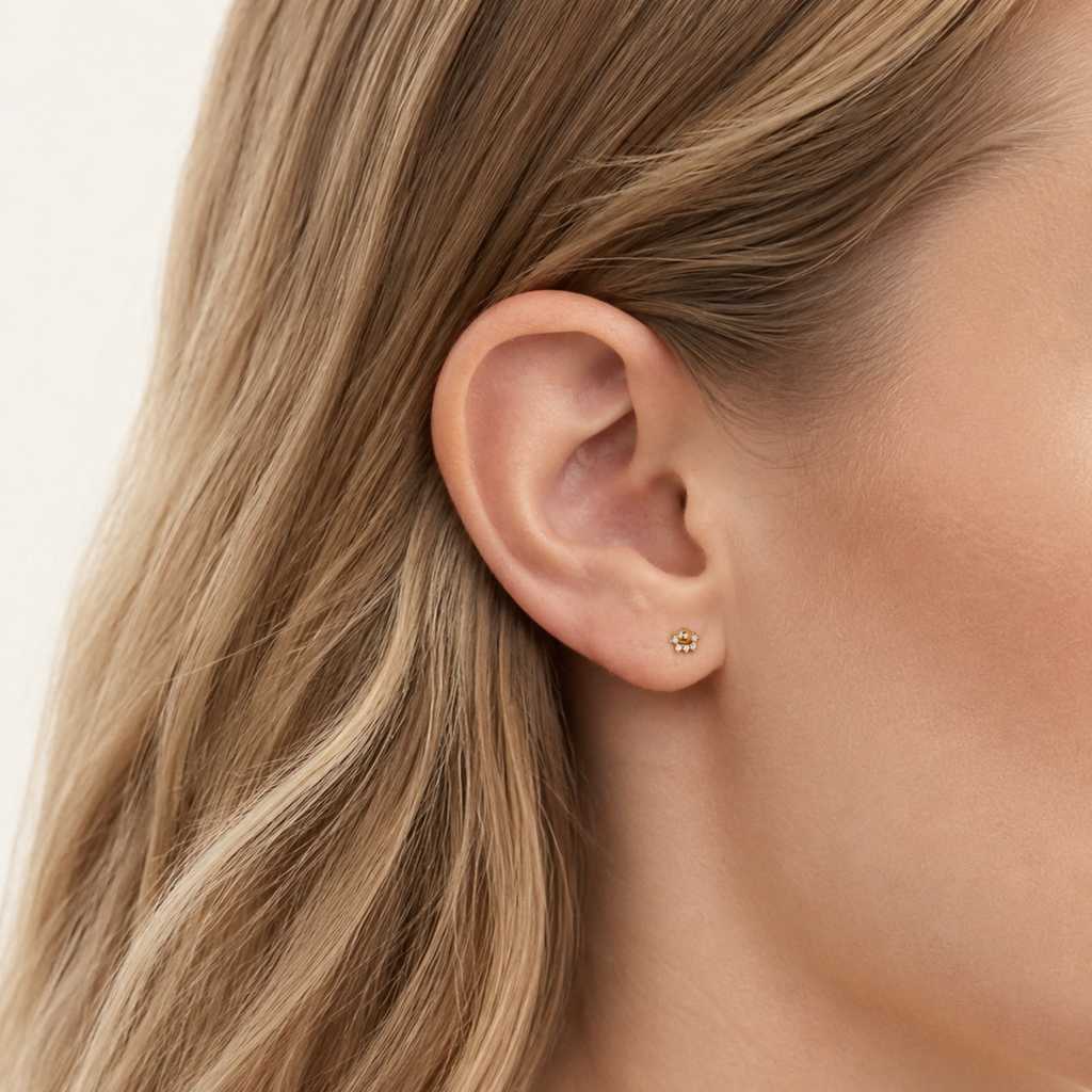 Sterling Silver Zirconia Ball Flat Back Earrings worn on the ear