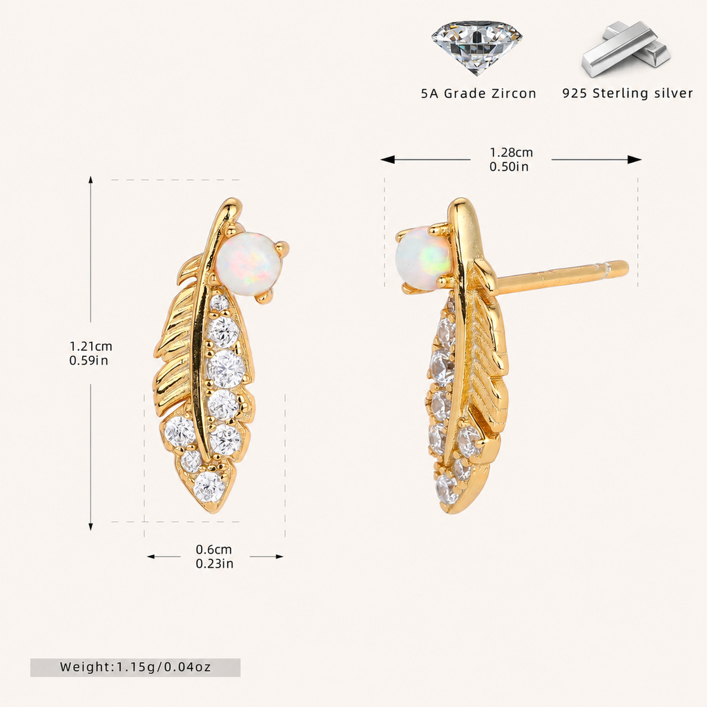 Sterling Silver Opal Feather Stud Earrings - Gold / White Opal