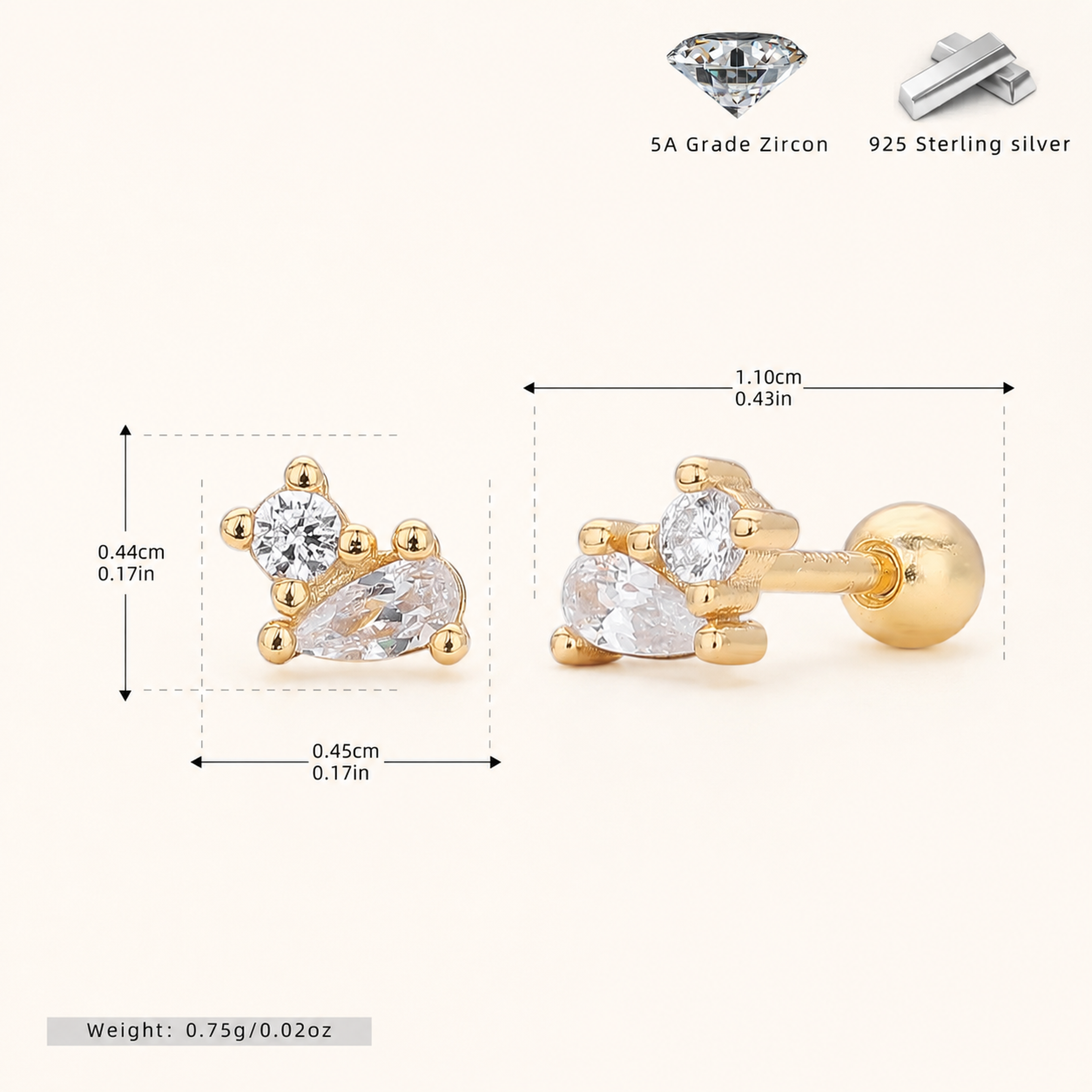 Sterling Silver Zirconia Teardrop Flat Back Earrings - Gold