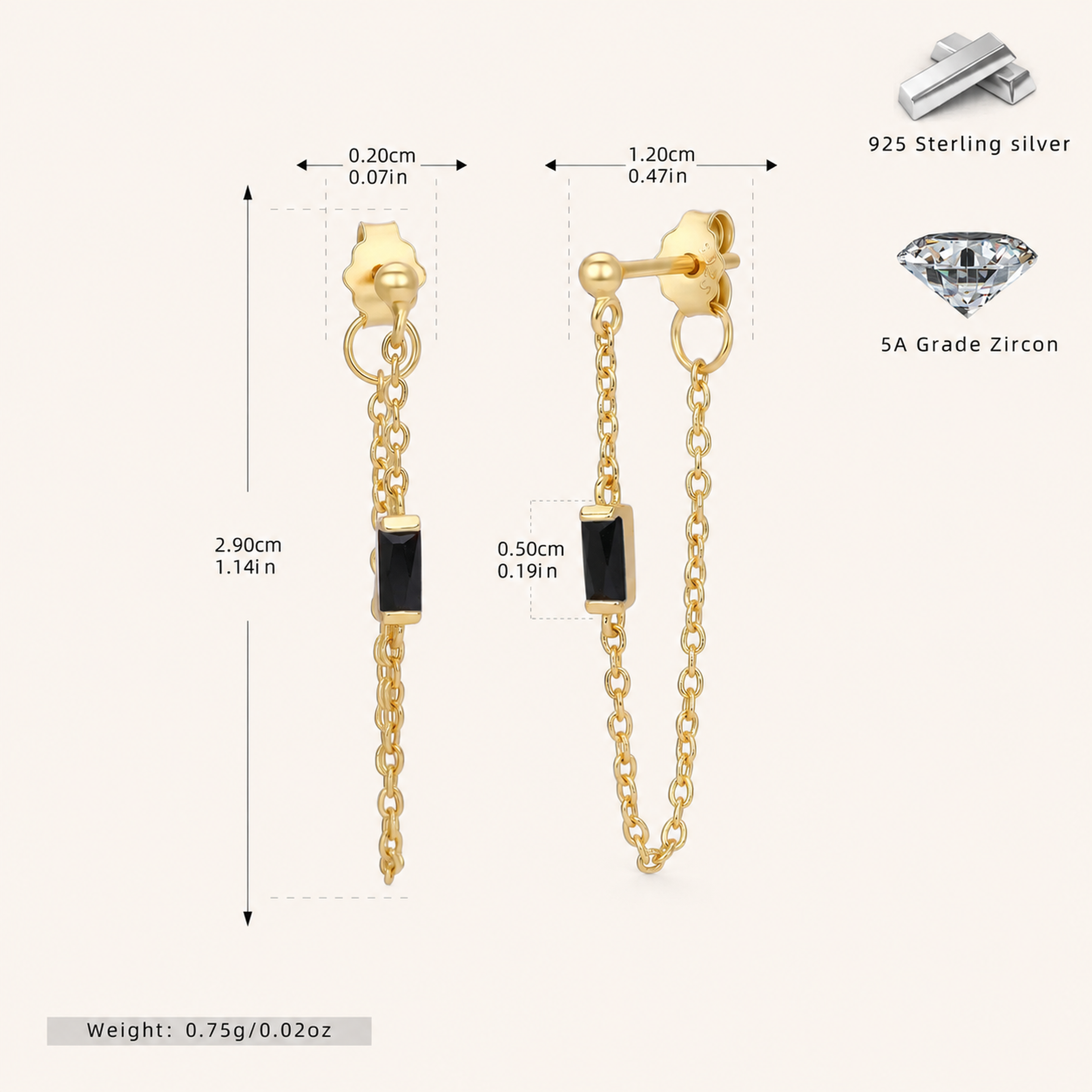 Sterling Silver Multicolor Zirconia Chain Drop Stud Earrings - Gold / Black