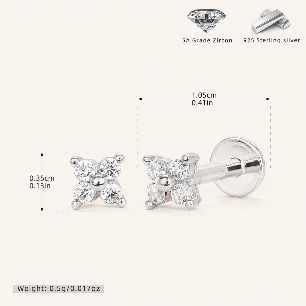 Sterling Silver Four-Leaf Clover Zirconia Flat Back Earrings - Platinum / 3.5mm