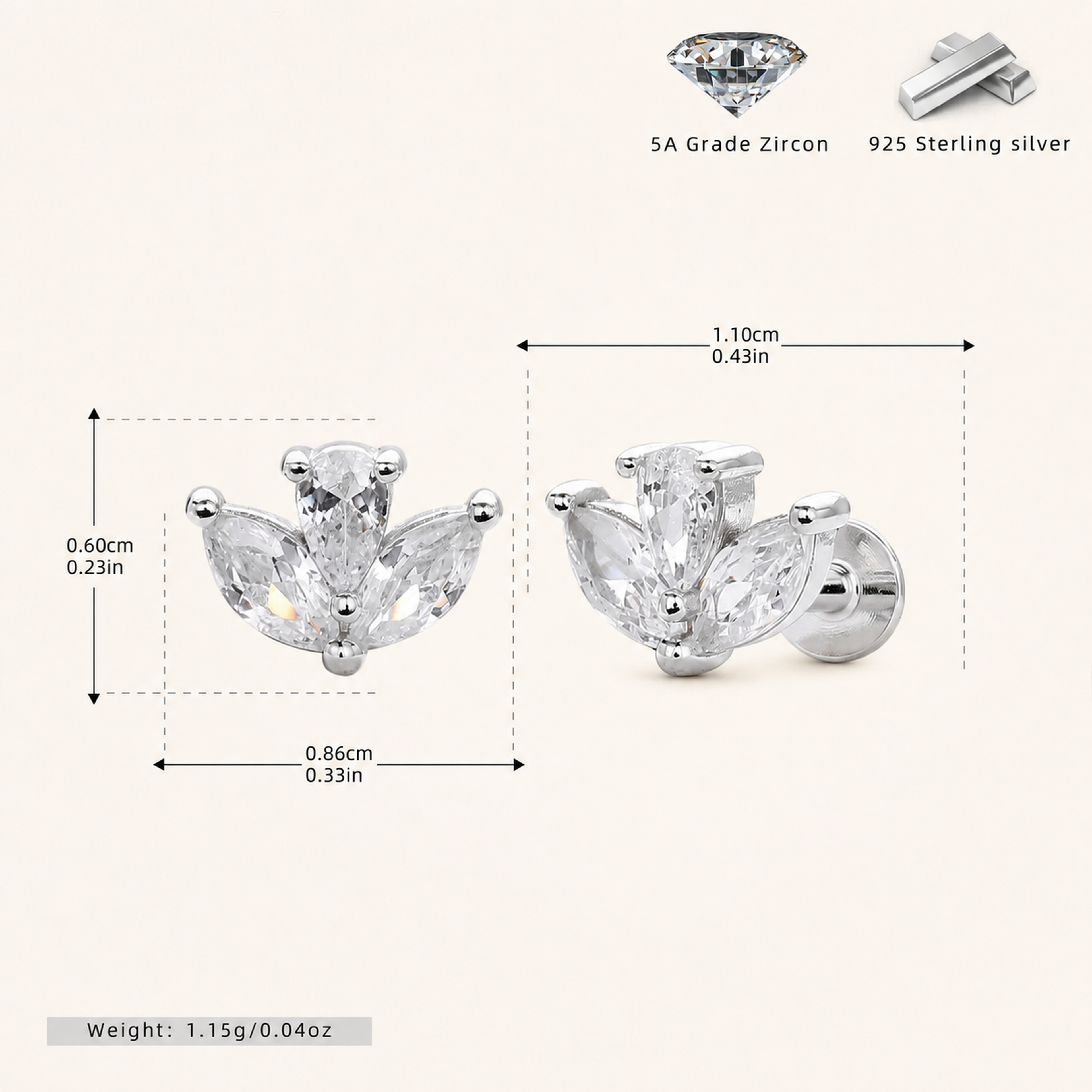 Sterling Silver Zirconia Solitaire Flat Back Earrings - Platinum