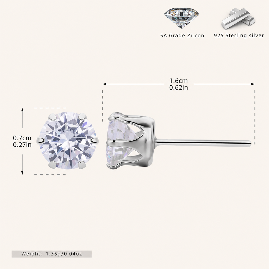 Sterling Silver Six-Prong Zirconia Stud Earrings - Platinum / 7mm
