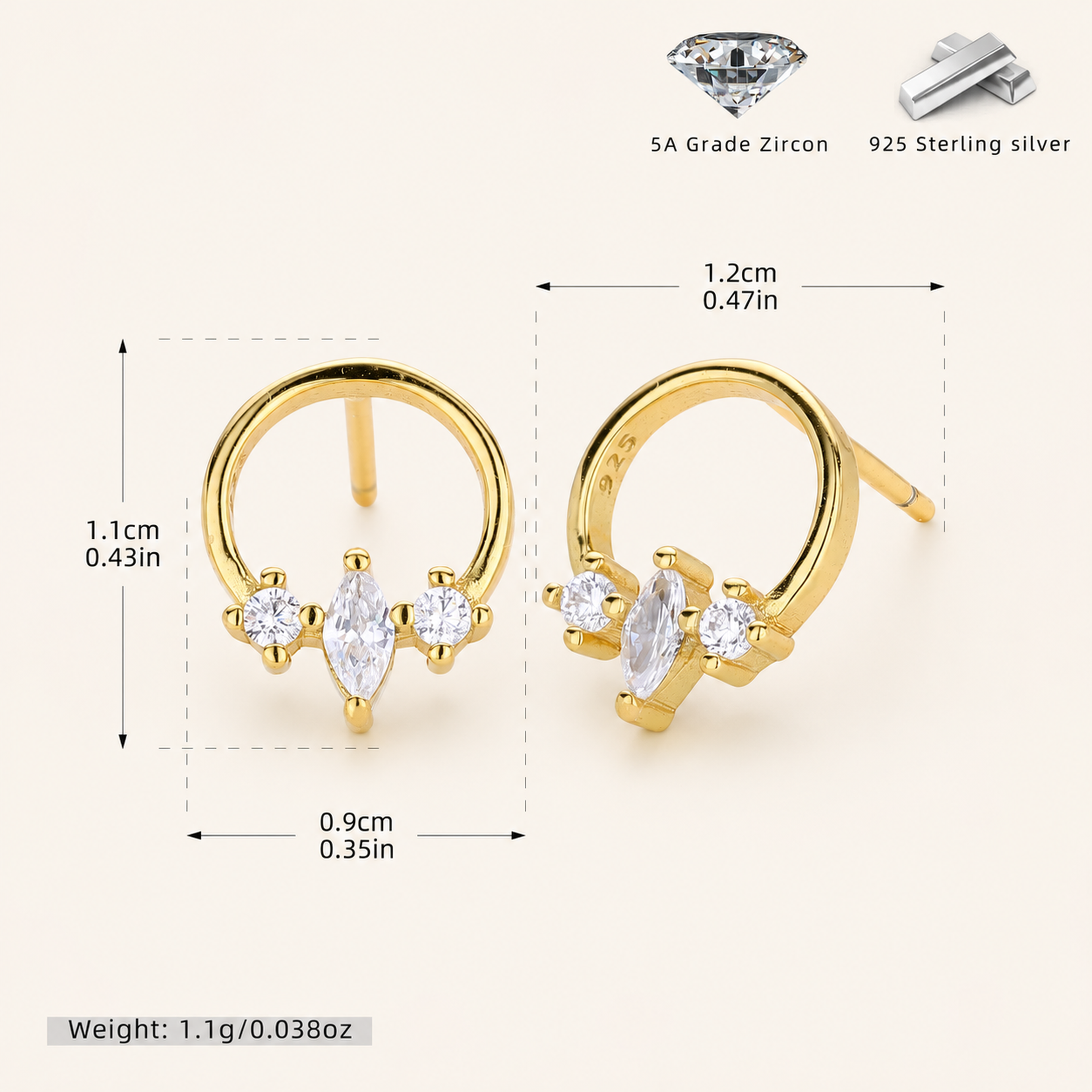 Sterling Silver Zirconia Solitaire Stud Earrings - Gold