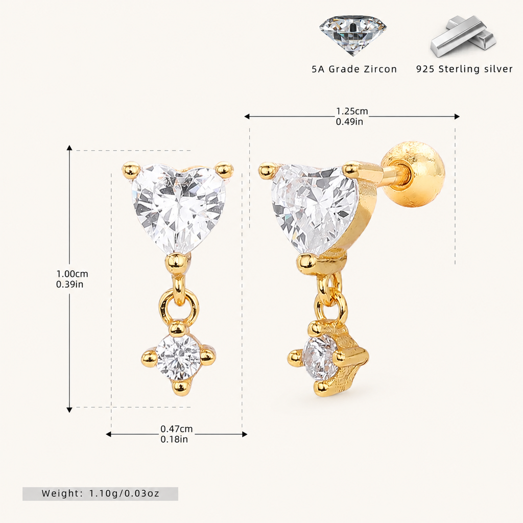 Sterling Silver Zirconia Heart Drop Flat Back Earrings - Gold
