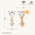 Sterling Silver Zirconia Heart Drop Flat Back Earrings - Gold