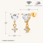 Sterling Silver Zirconia Heart Drop Flat Back Earrings - Gold
