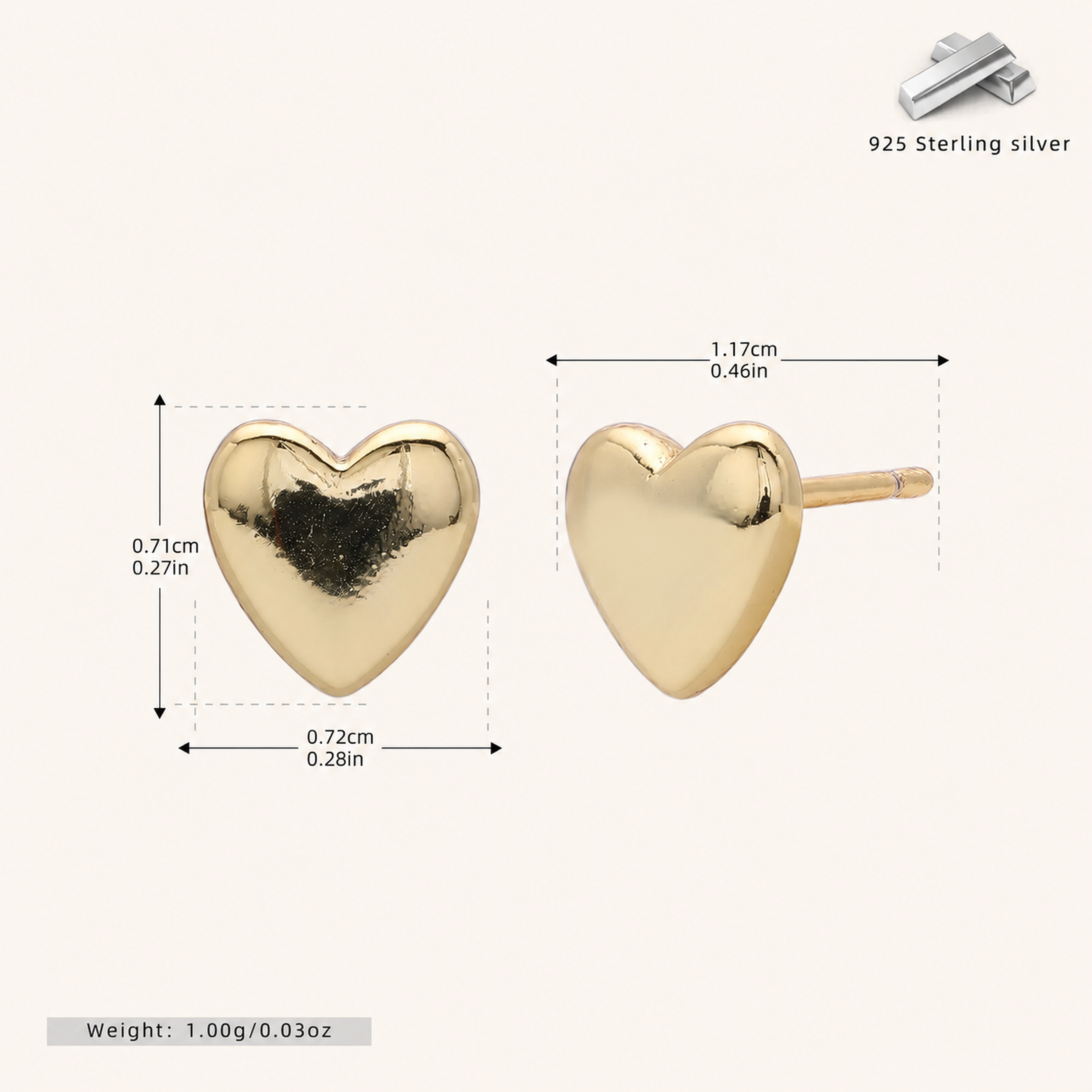 Sterling Silver Polished Heart Stud Earrings - Gold