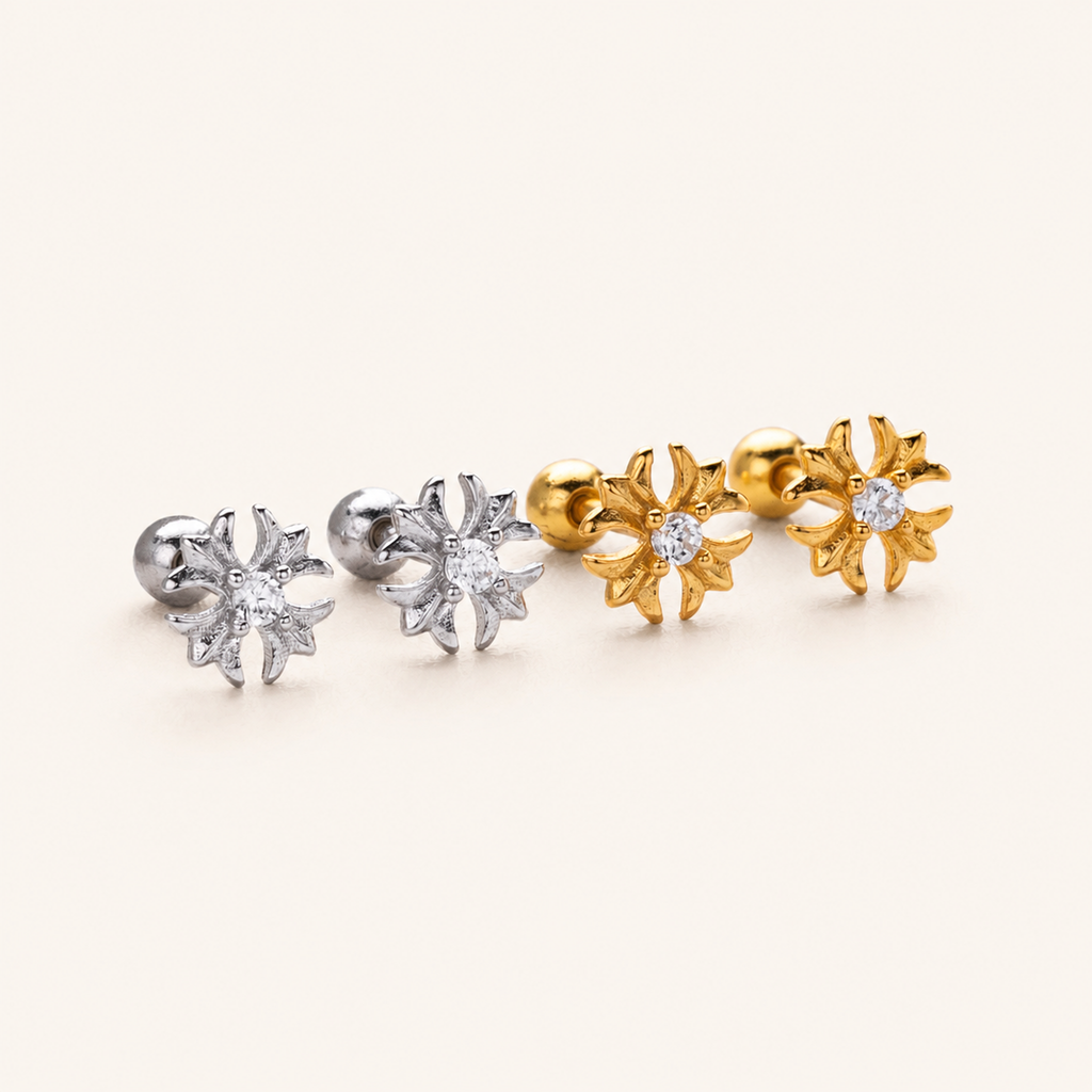 Sterling Silver Pinwheel Zirconia Flat Back Earrings detail
