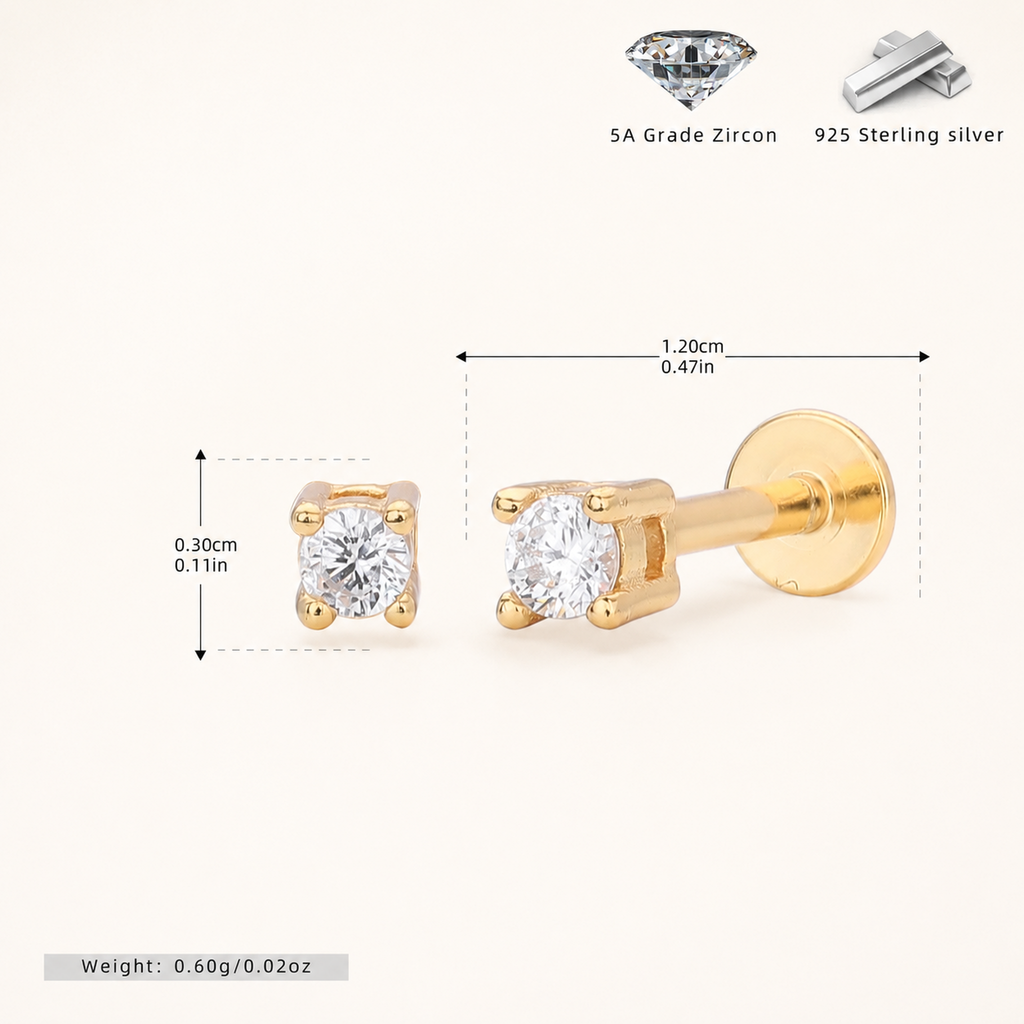 Sterling Silver Round Zirconia Solitaire Flat Back Earrings - Gold / 2.5mm
