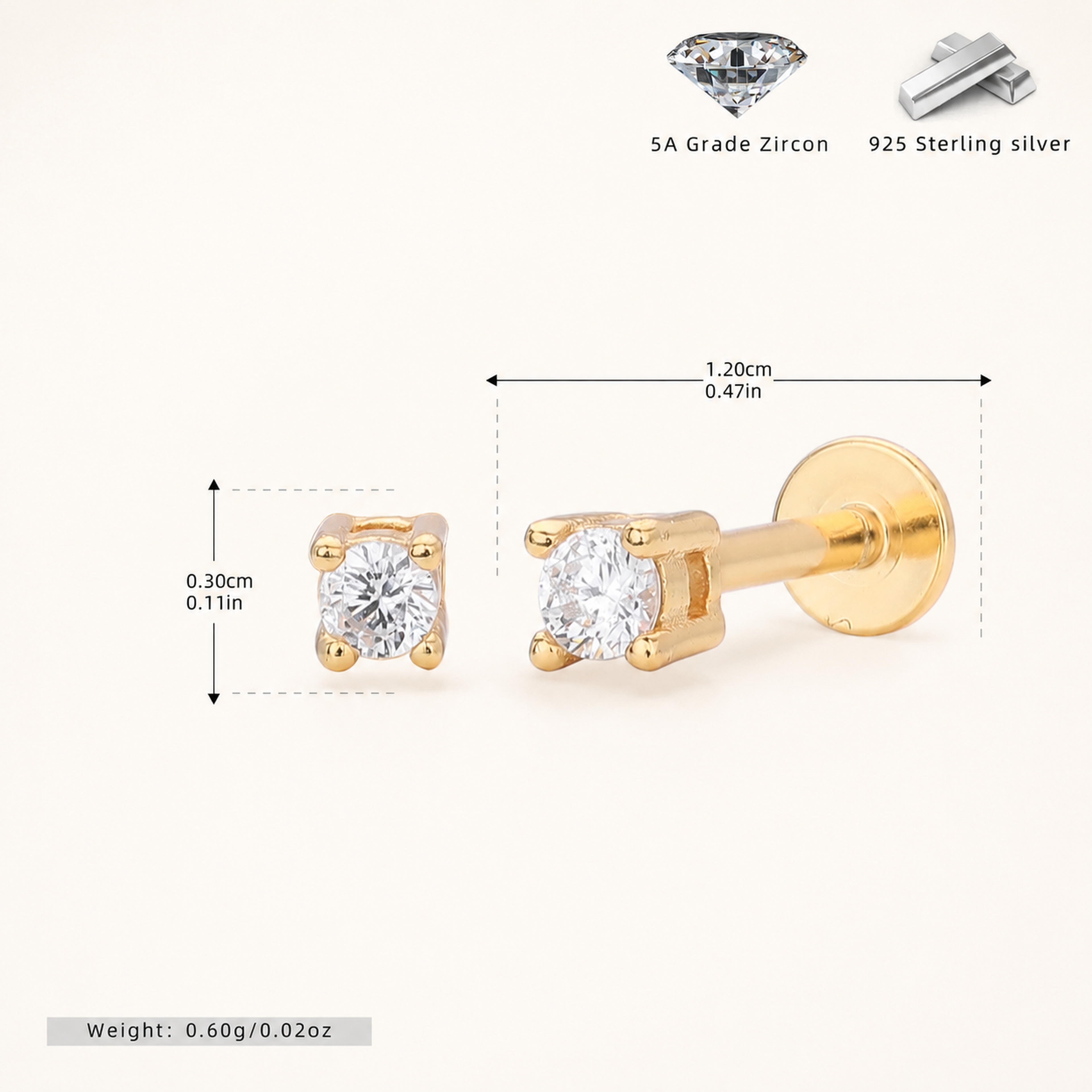 Sterling Silver Round Zirconia Solitaire Flat Back Earrings - Gold / 2.5mm