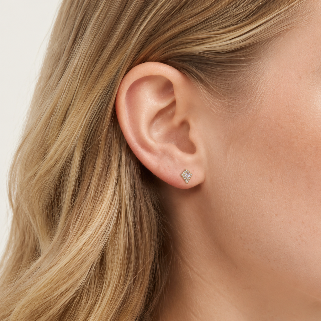 Sterling Silver Rhombus Zirconia Flat Back Earrings worn on the ear