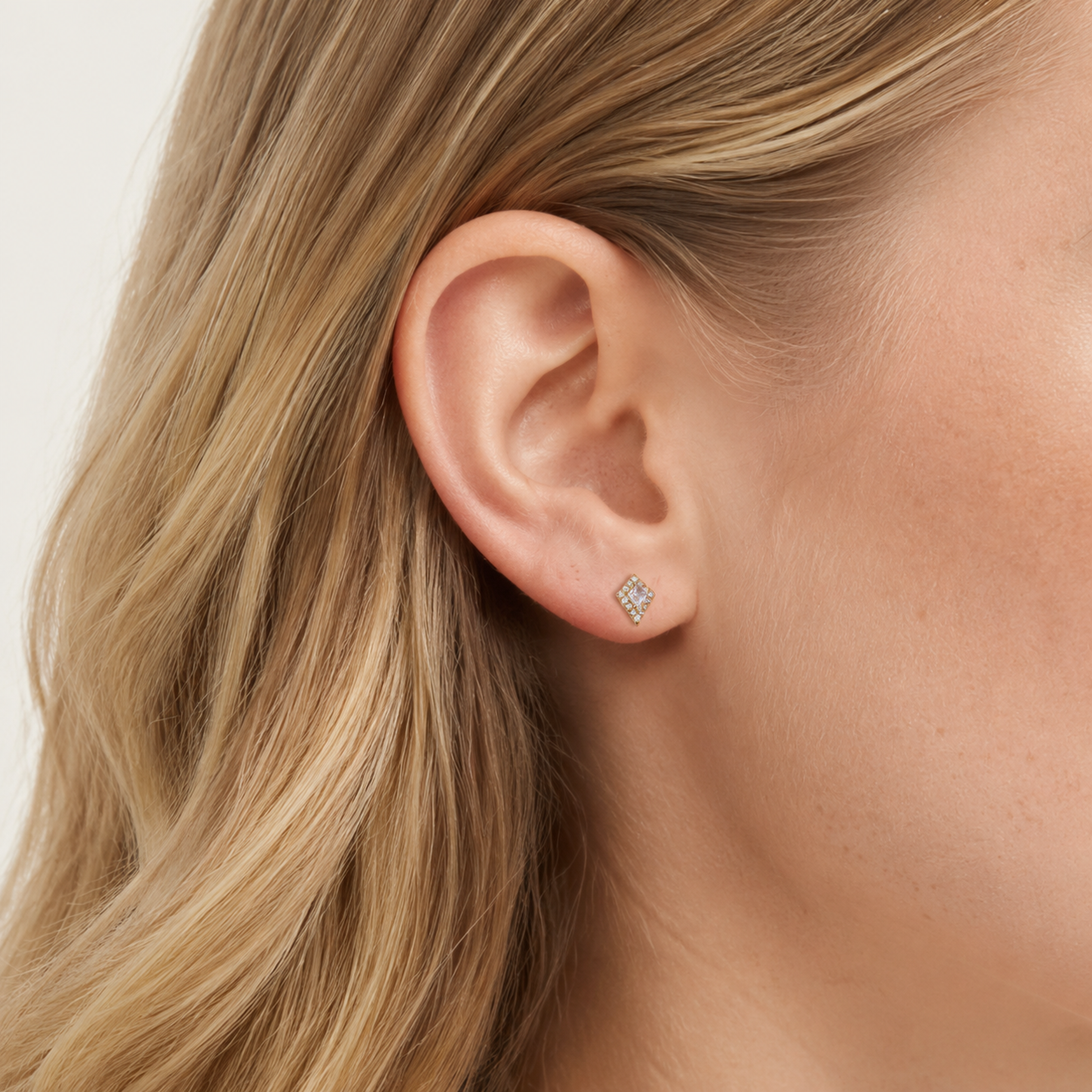 Sterling Silver Rhombus Zirconia Flat Back Earrings worn on the ear