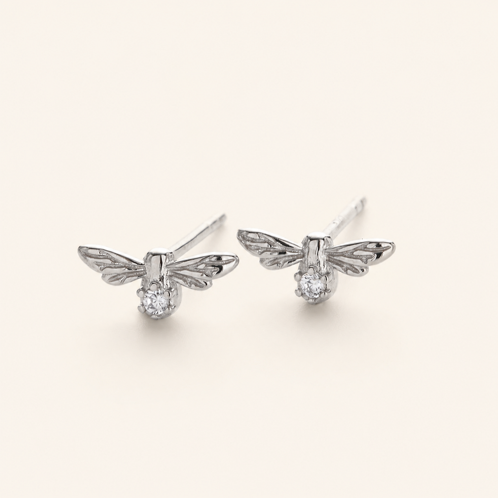Sterling Silver Zirconia Dragonfly Stud Earrings detail view