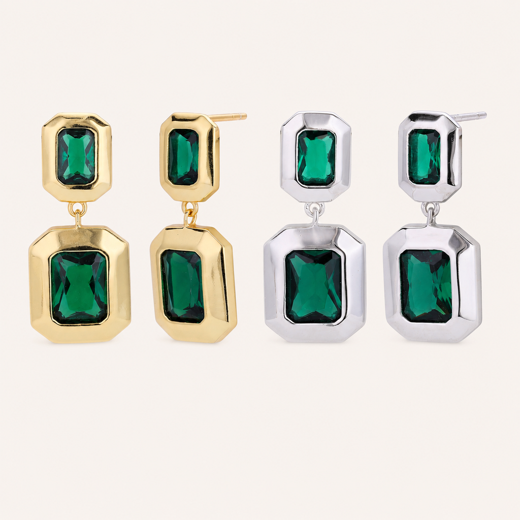 Sterling Silver Emerald-Green Geometric Stud Earrings