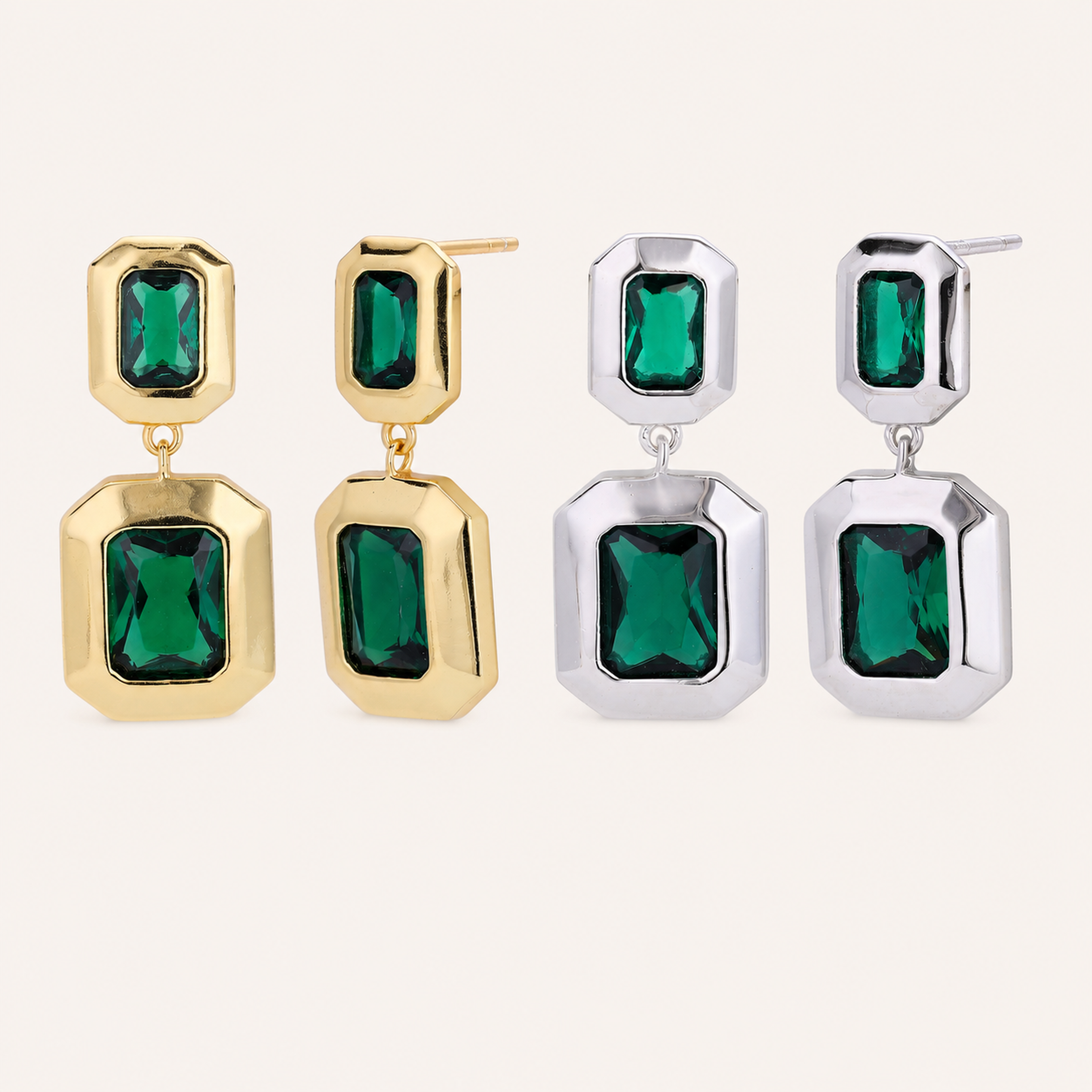 Sterling Silver Emerald-Green Geometric Stud Earrings