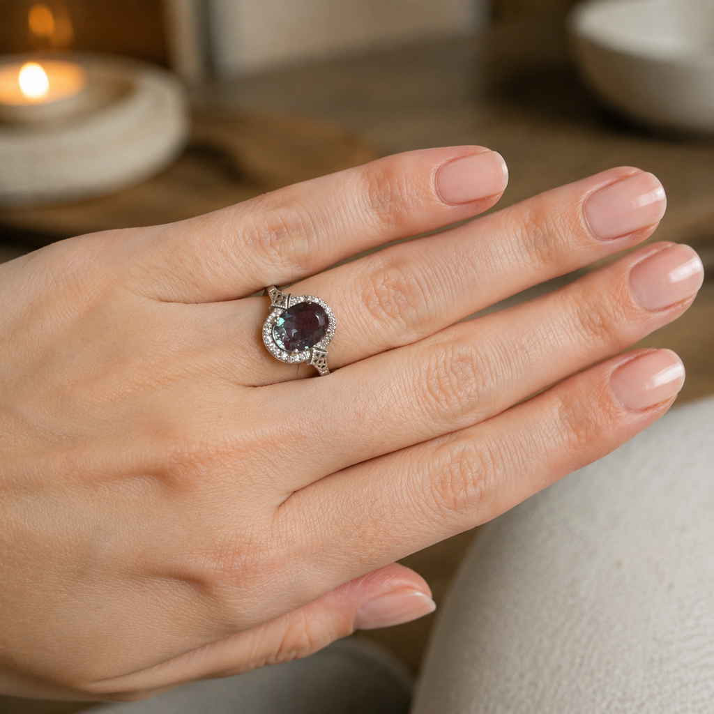 Lattice Halo Lab-Grown Alexandrite Ring worn on hand