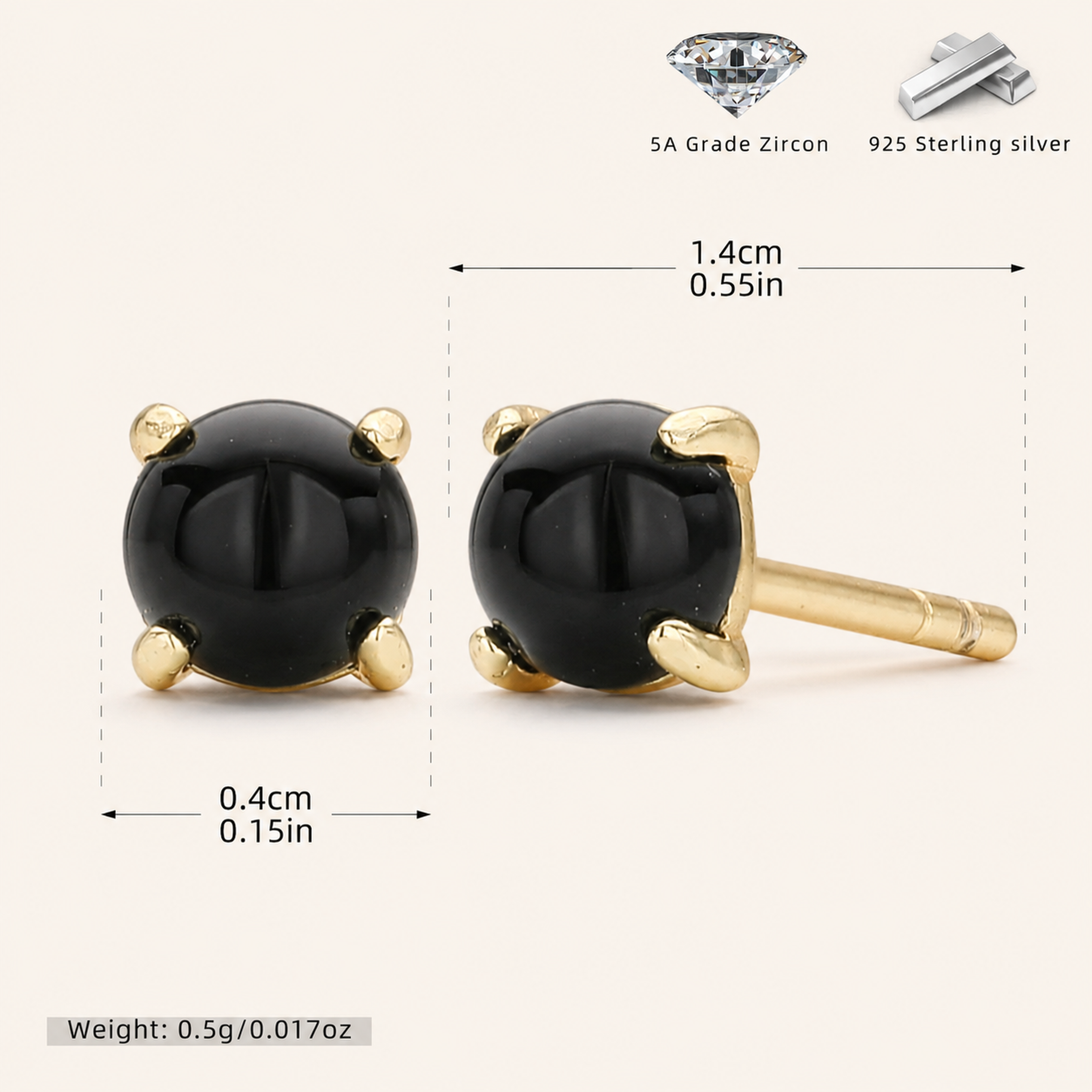Sterling Silver Gemstone Solitaire Stud Earrings - Gold / Black Agate