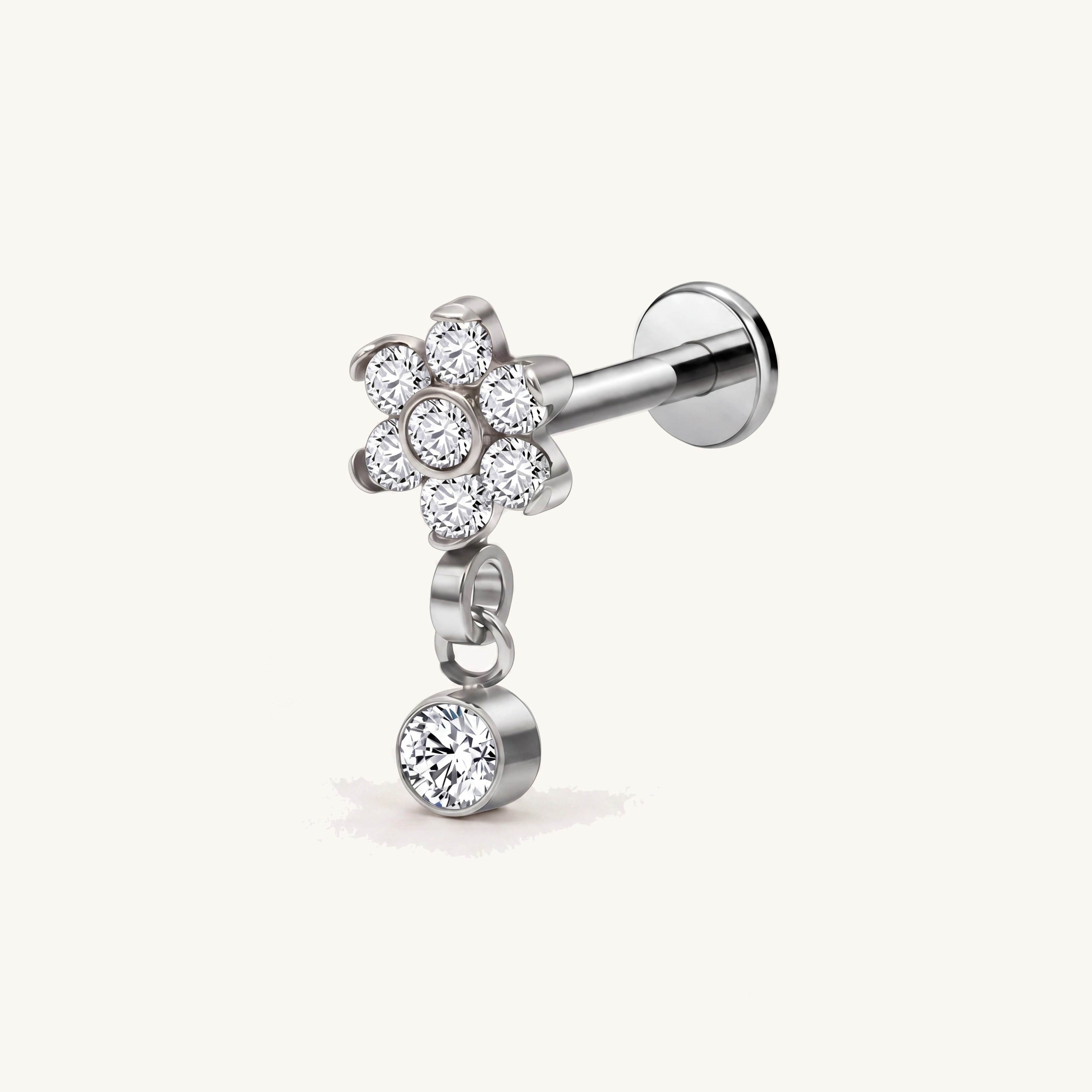 Four-Petal Crystal Drop Titanium Flat Back Earring - Silver