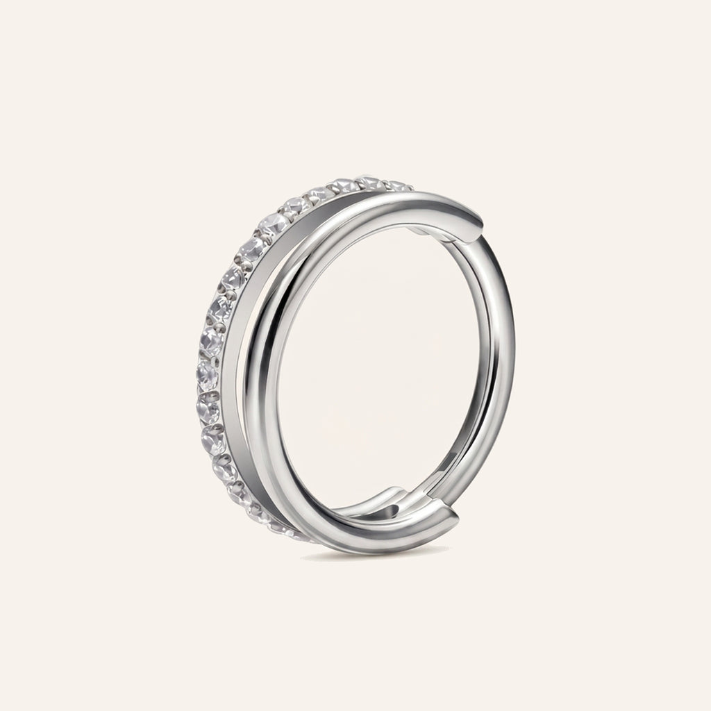 Single Row Crystal Titanium Hoop Earrings - Silver