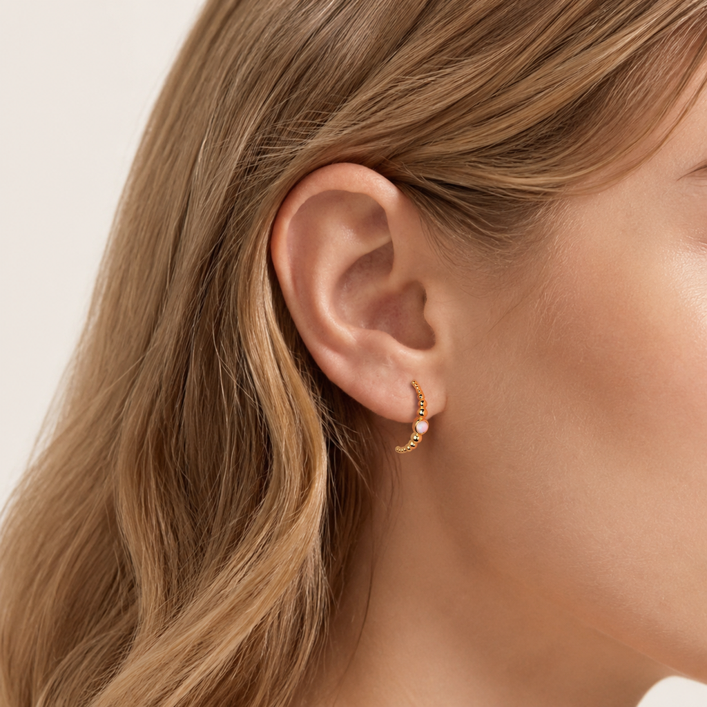 Sterling Silver Geometric Opal Stud Earrings worn on the ear