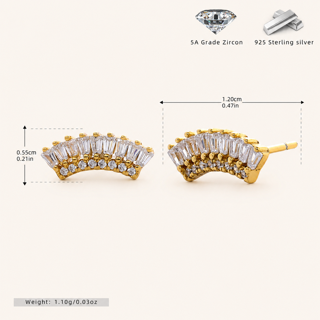 Sterling Silver Scattered Fan Zirconia Stud Earrings - Gold