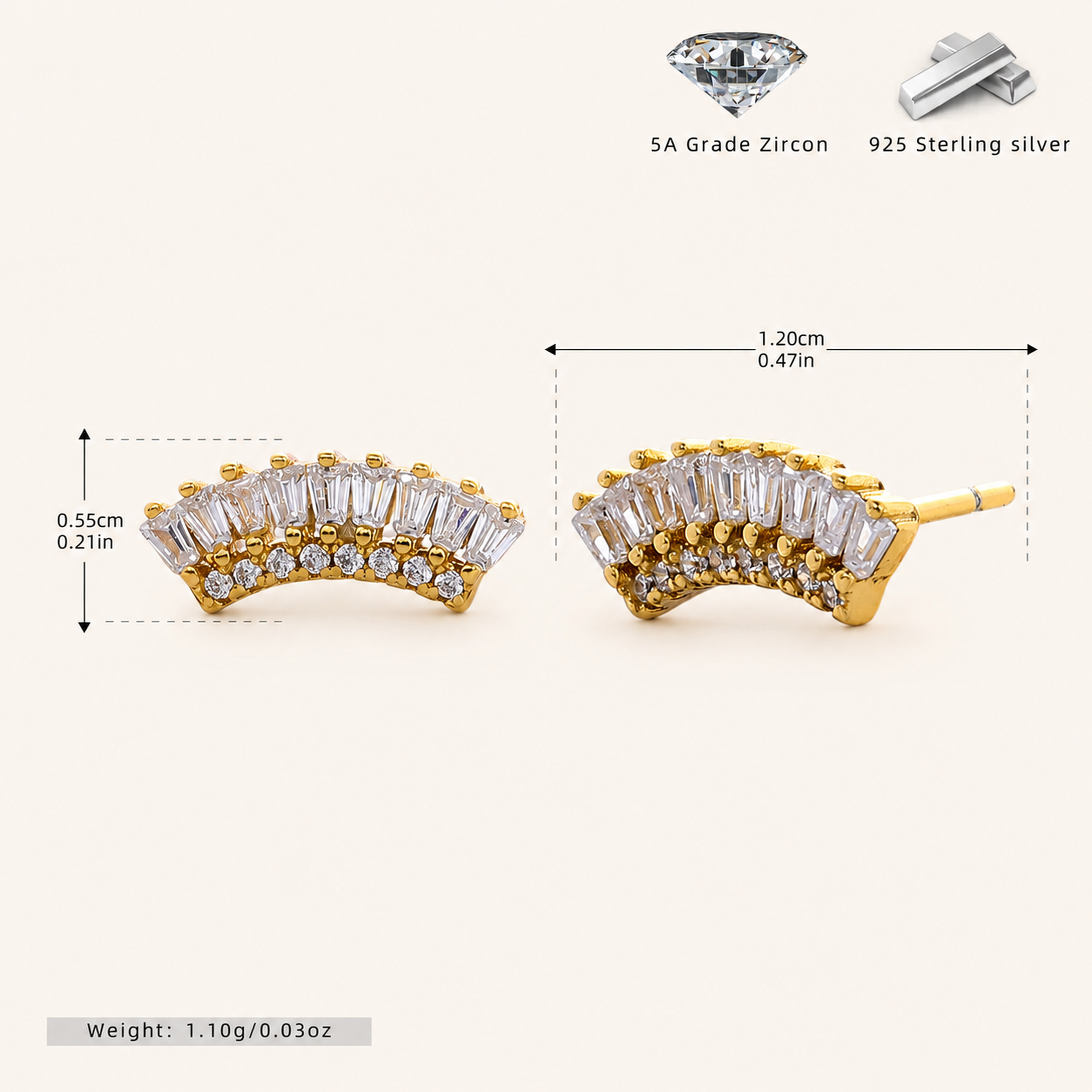 Sterling Silver Scattered Fan Zirconia Stud Earrings - Gold