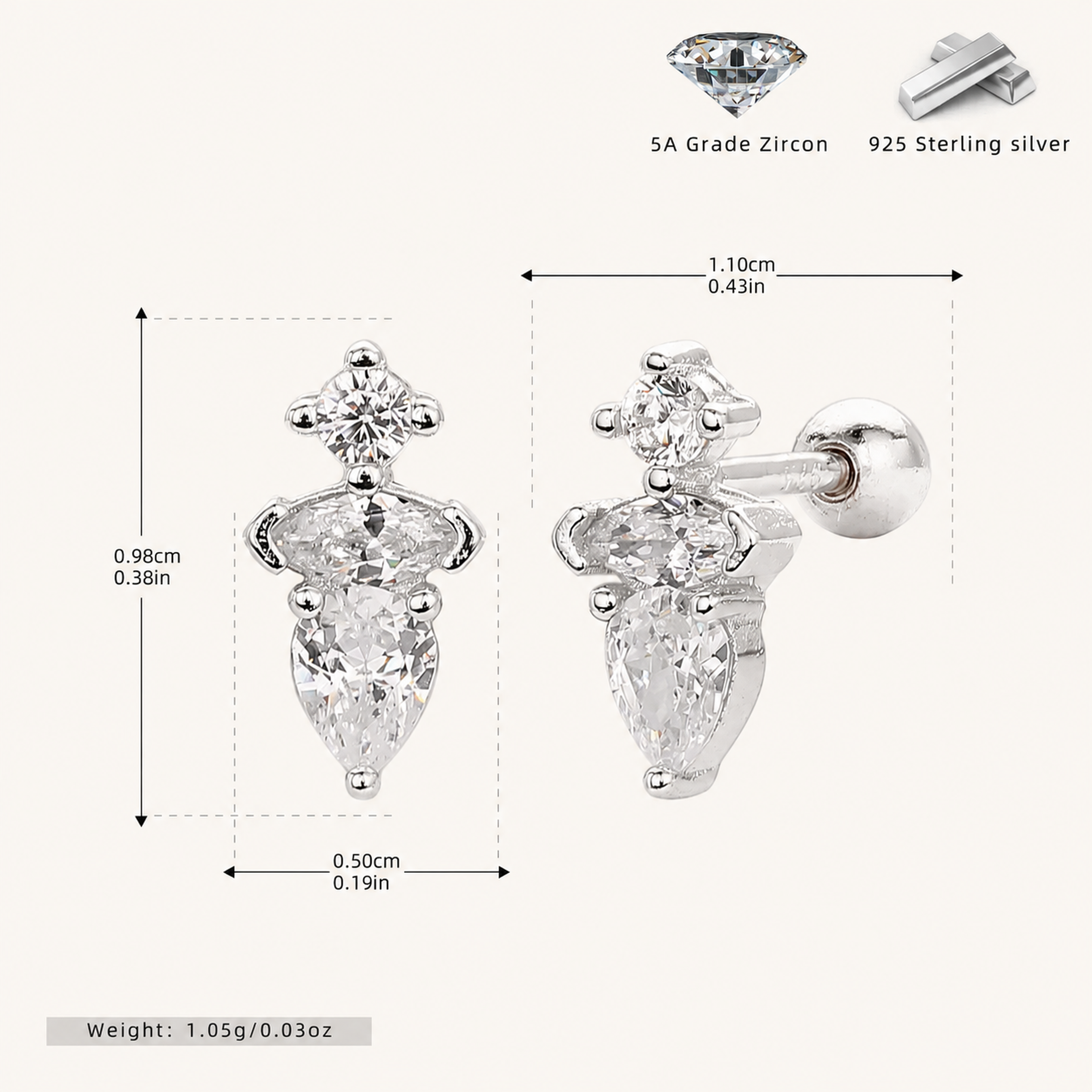 Sterling Silver Teardrop Zirconia Flat Back Earrings - Platinum