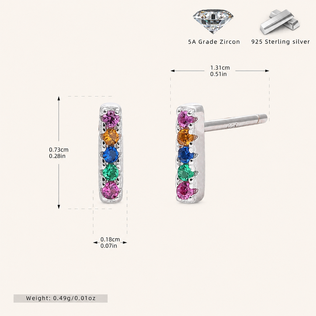 Sterling Silver Rainbow Rectangle Zirconia Stud Earrings - Platinum