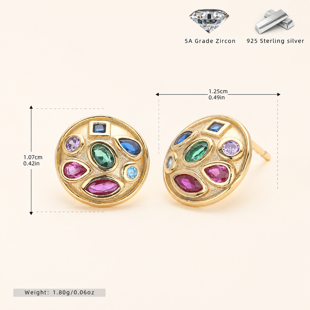 Sterling Silver Colorful Round Zirconia Stud Earrings - Gold