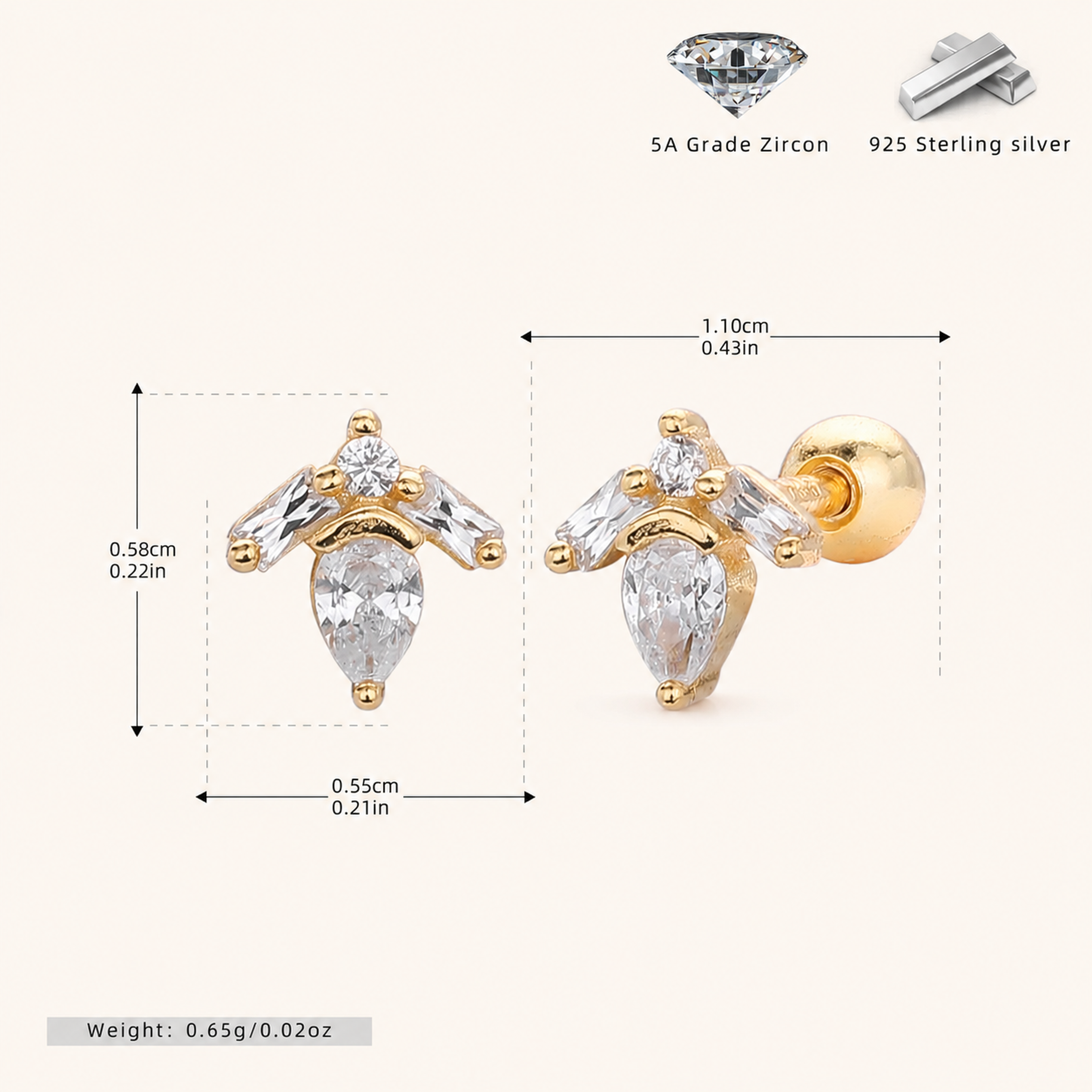 Sterling Silver Zirconia Solitaire Flat Back Earrings - Gold