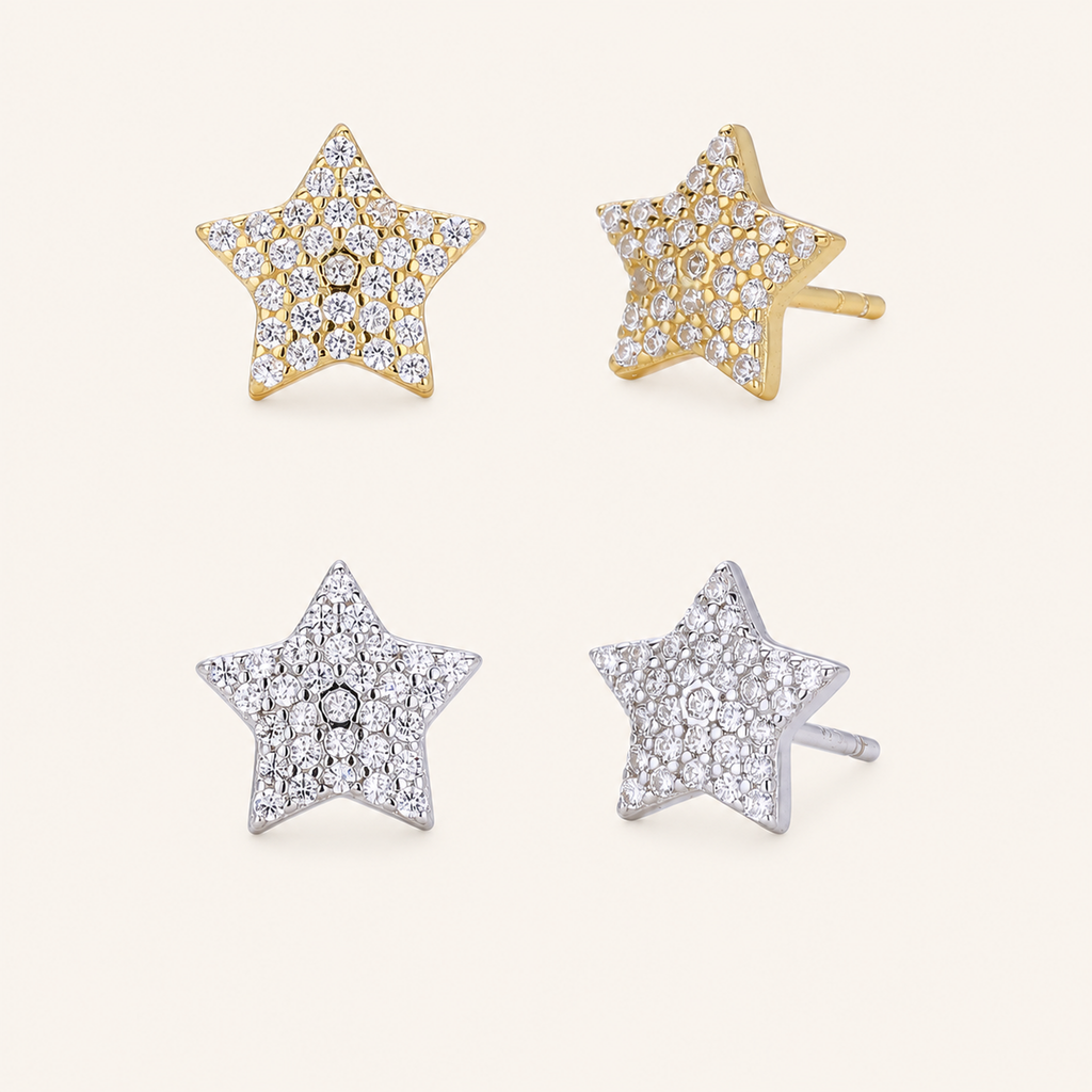 Sterling Silver Five-Point Star Zirconia Stud Earrings
