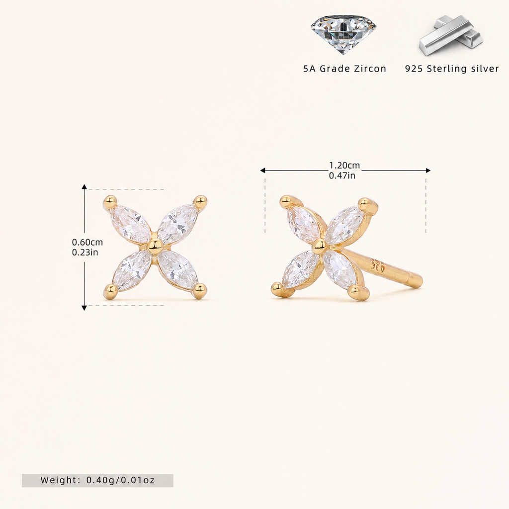 Sterling Silver Marquise Zirconia Flower Stud Earrings - Gold / White Zircon