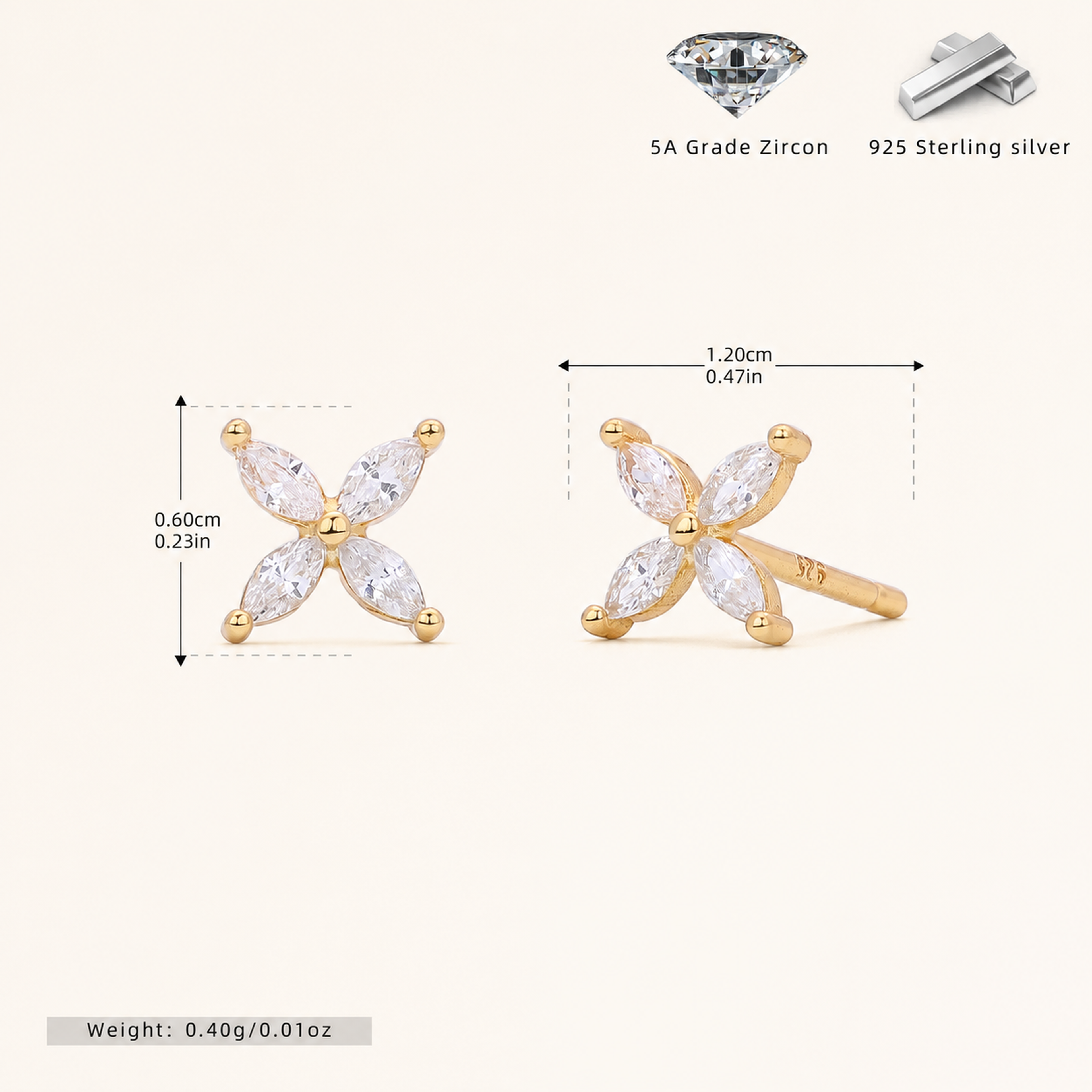 Sterling Silver Marquise Zirconia Flower Stud Earrings - Gold / White Zircon