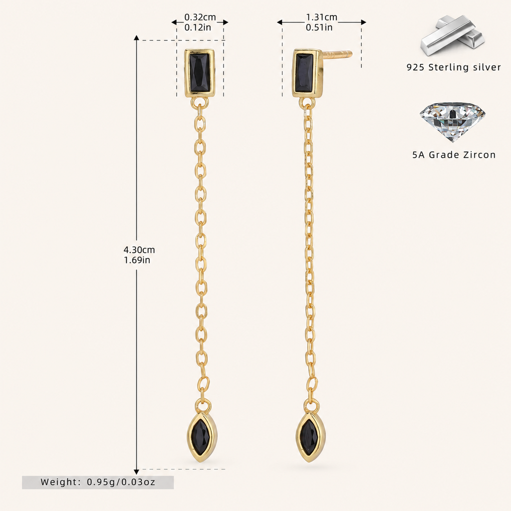 Sterling Silver Zirconia Tassel Chain Drop Stud Earrings - Gold