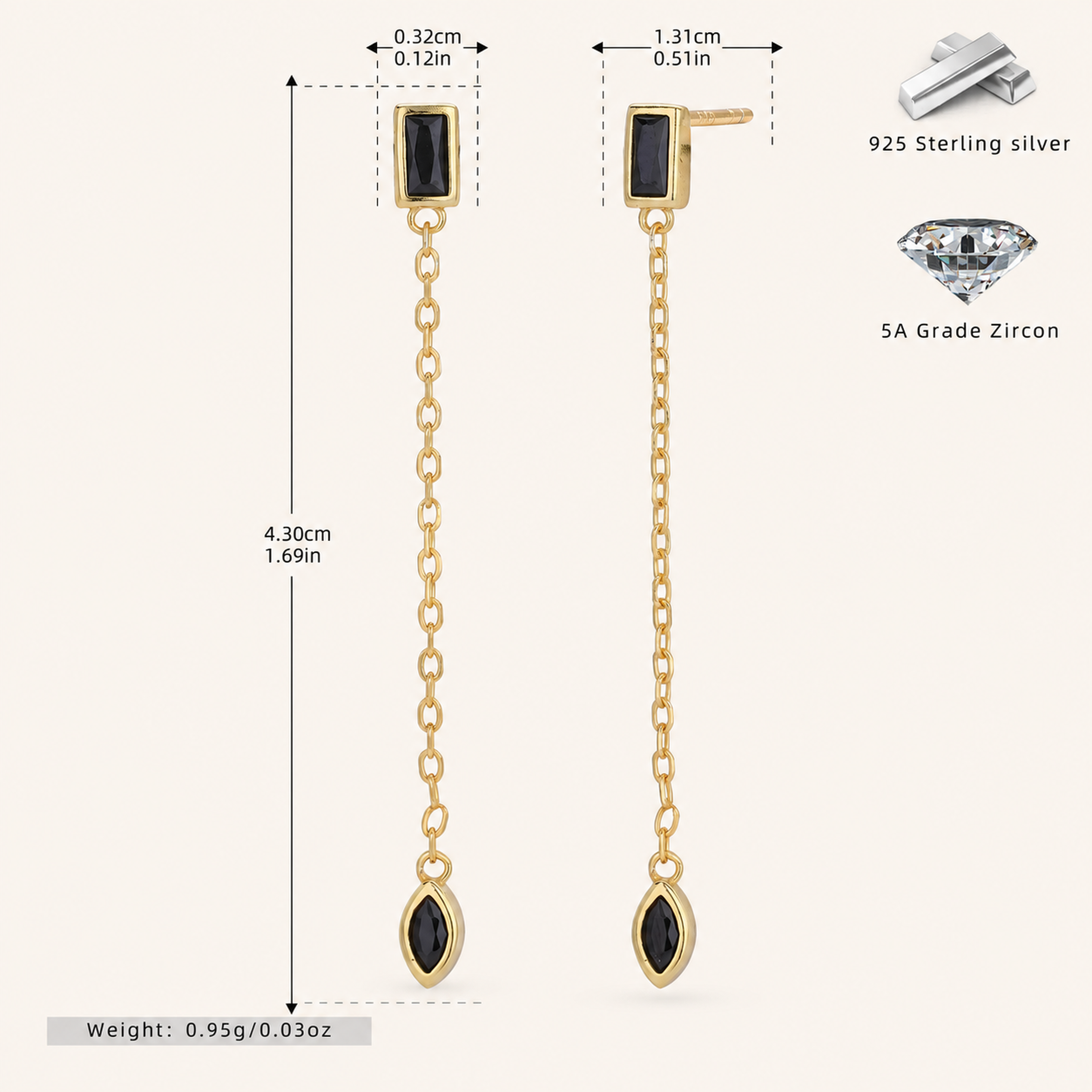 Sterling Silver Zirconia Tassel Chain Drop Stud Earrings - Gold