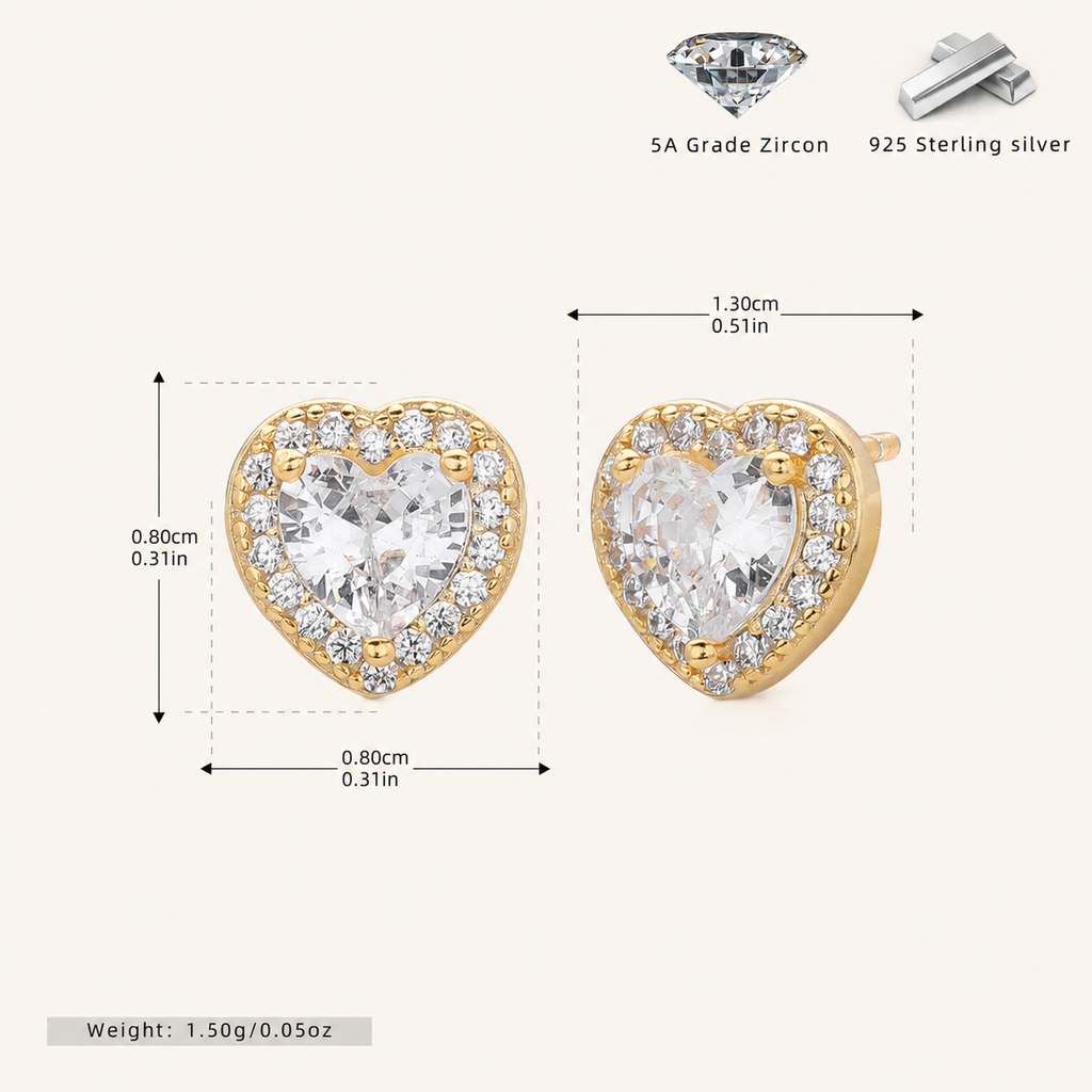 Sterling Silver Pave Heart Zirconia Stud Earrings - Gold
